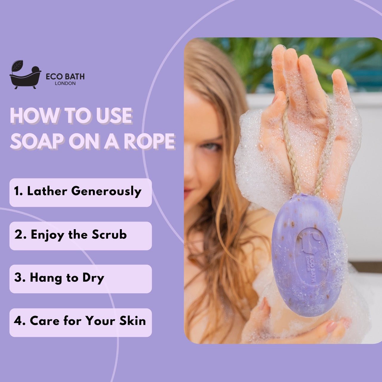 Eco Bath London Lavender Soap on a Rope 220g - Luxurious and Eco Friendly Relaxing Body Wash Bar with Shea Butter