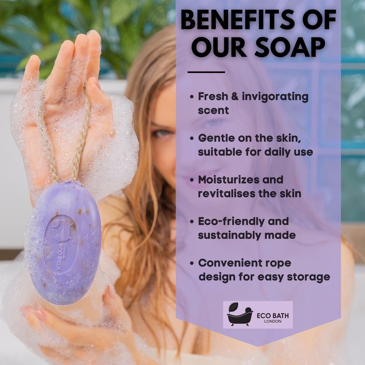 Eco Bath London Lavender Soap on a Rope 220g - Luxurious and Eco Friendly Relaxing Body Wash Bar with Shea Butter