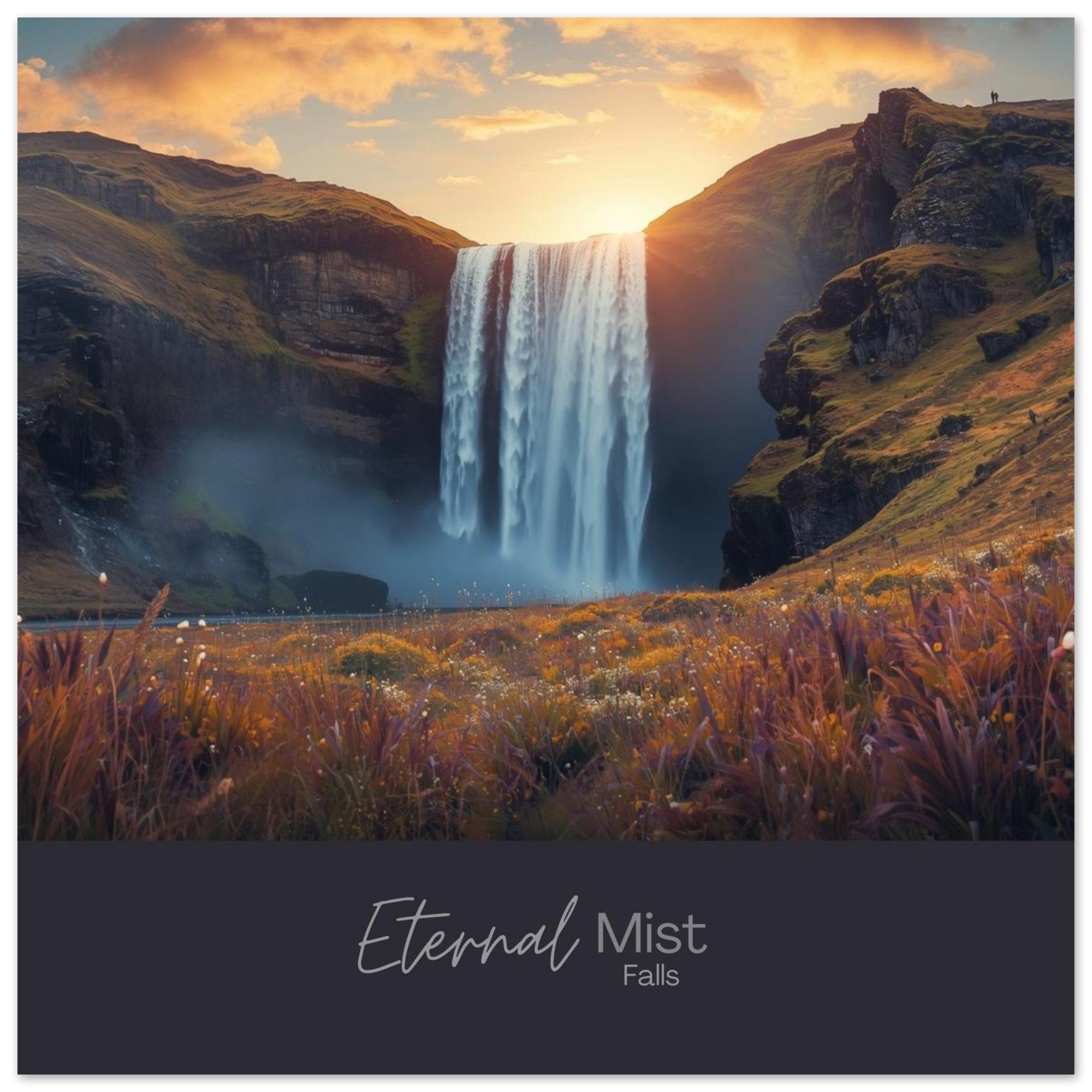 Eternal Mist Waterfall Poster | Sunset Landscape Wall Art | Modern Nature Decor