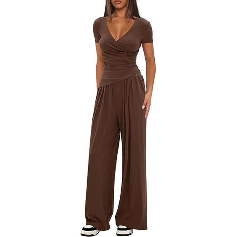 2 Pieces Women's V Neck Short-sleeve Sportswear Top And Wide-leg Pants Set Casual Comfortable Outfit Set For Daily Wear Gym Sports Outfit