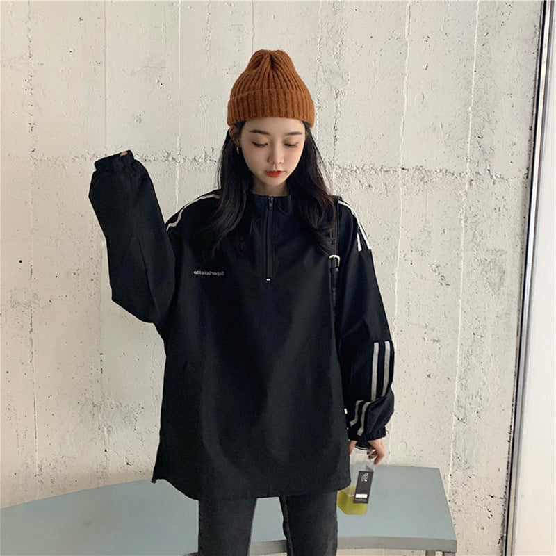 Women's SpringAutumn Thin Striped Preppy-Style Student Top Zip-Up Sweatshirt
