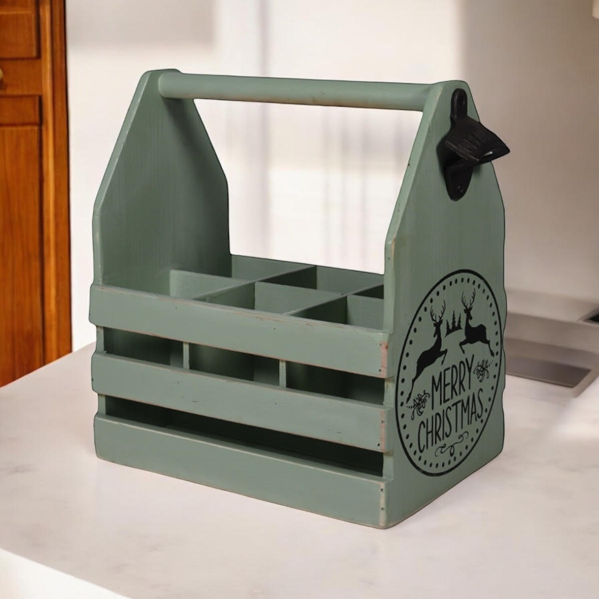 RUSTIC GREEN 6 BOTTLE HOLDER WITH OPENER