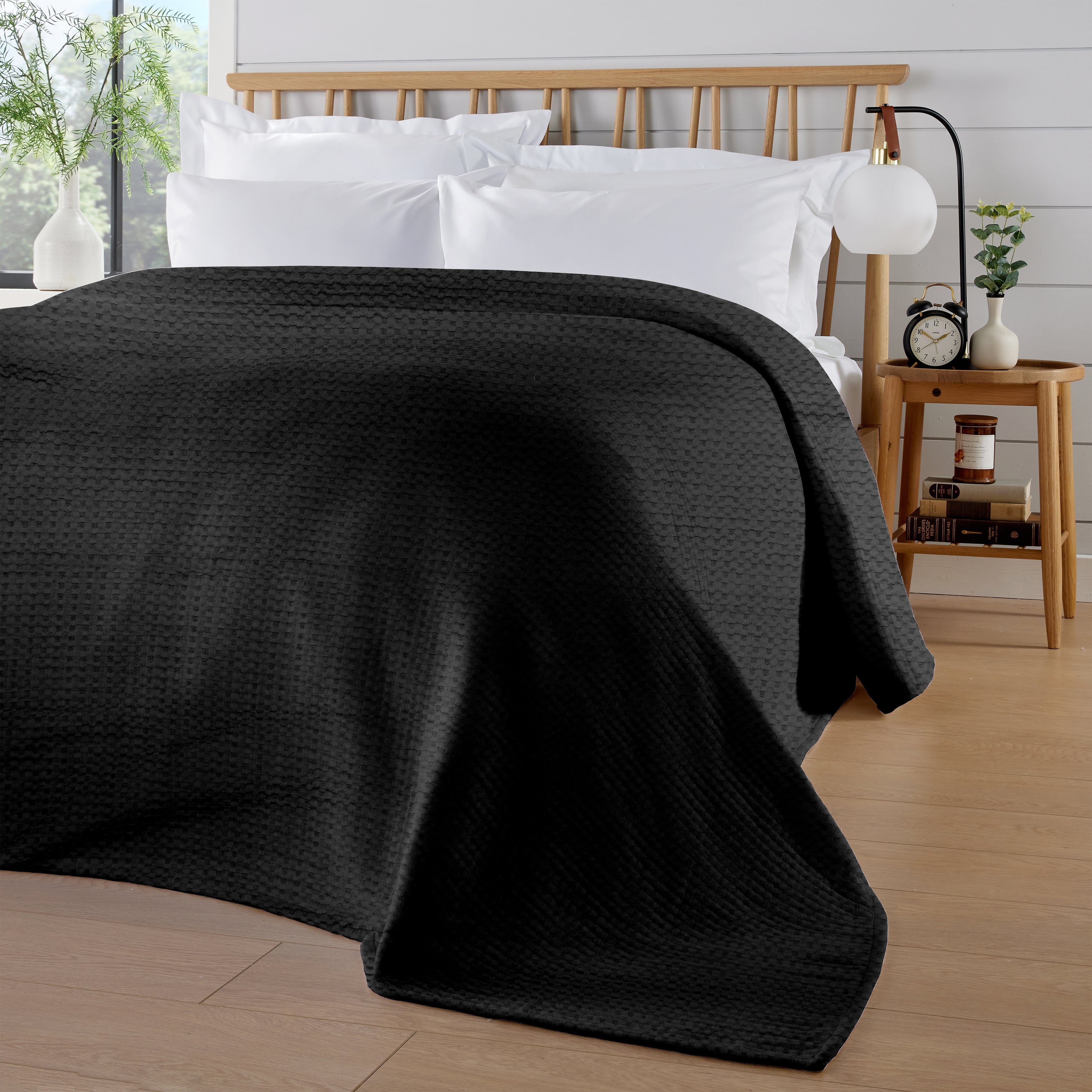 OLIVIA ROCCO Florian Checked Throw Blanket 100 Percent Cotton Black Bedspread For Sofas Armchairs Settees Couches And Beds