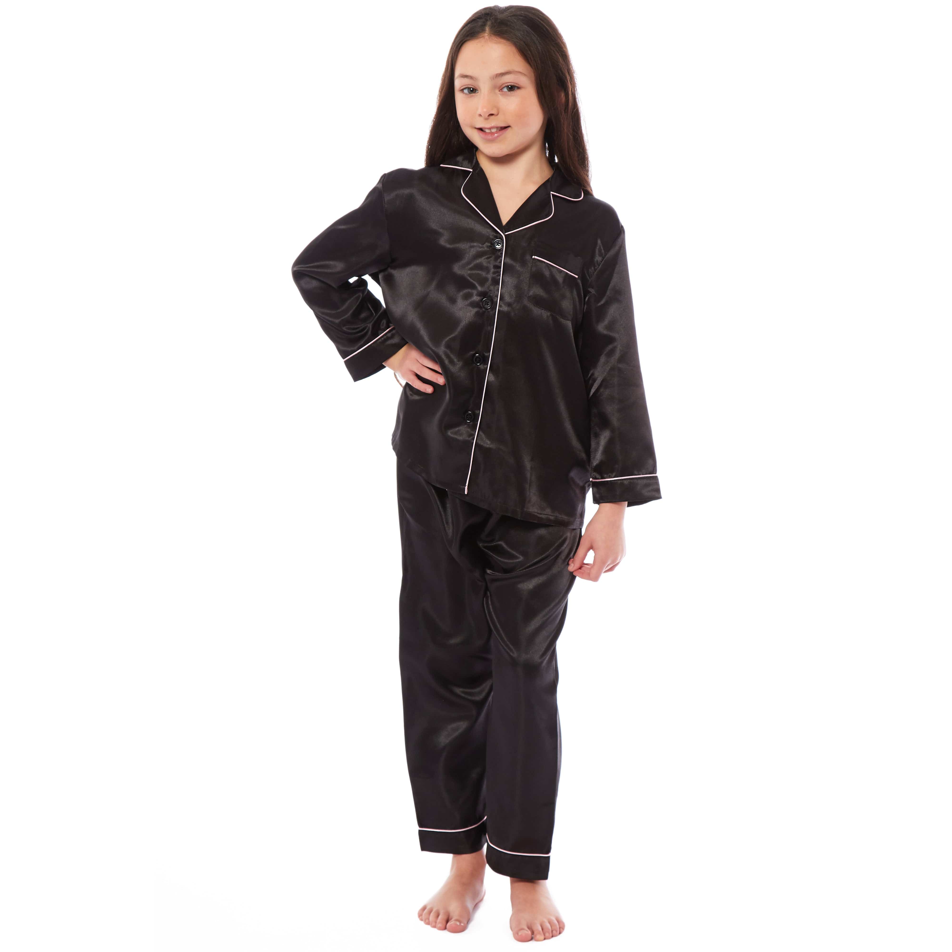 OLIVIA ROCCO Girls Satin Silk Long Sleeve Pajama Set Black Pink Grey 5-14 Button Down Shirt Loose Fit Pants Daisy Dreamer