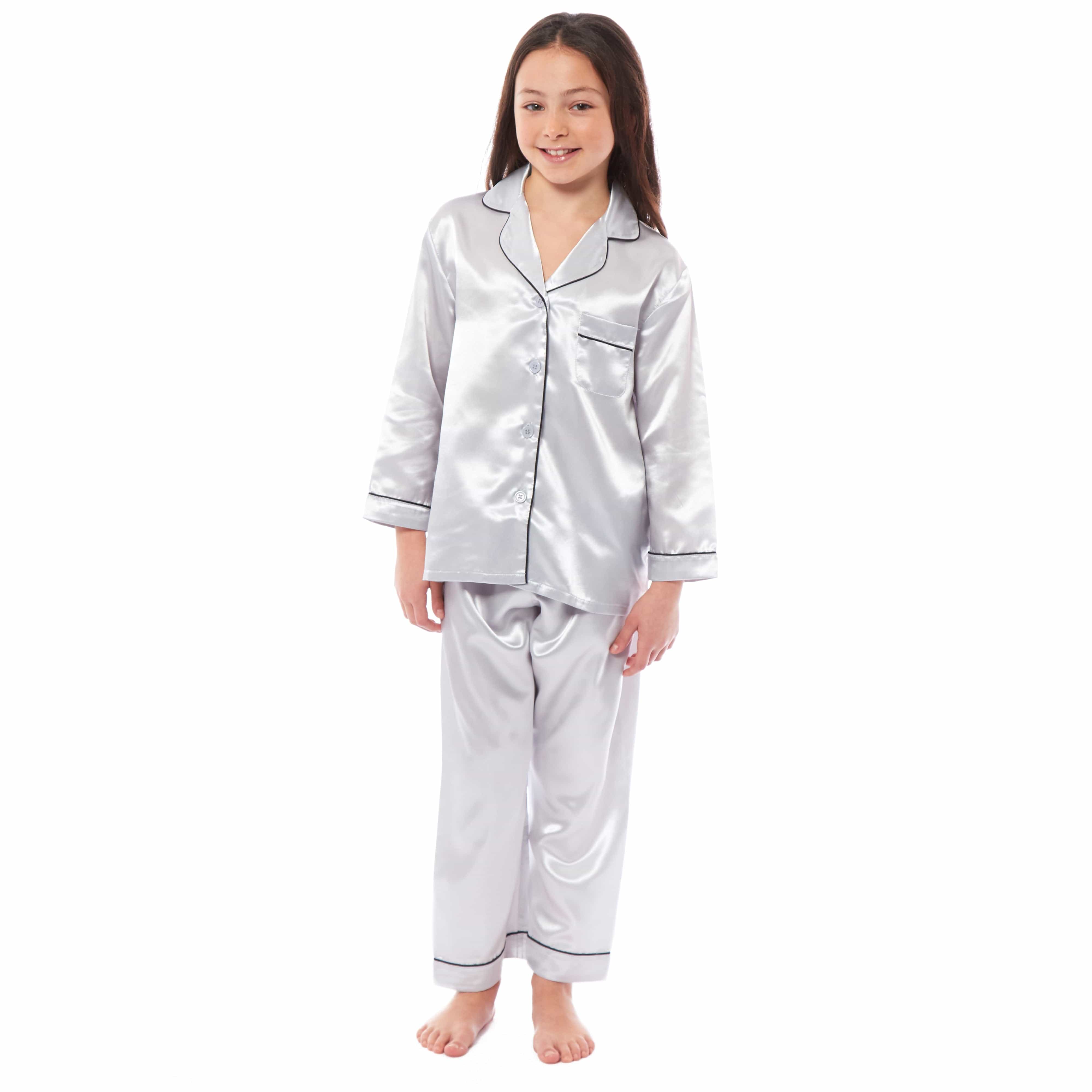 OLIVIA ROCCO Girls Satin Silk Long Sleeve Pajama Set Black Pink Grey 5-14 Button Down Shirt Loose Fit Pants Daisy Dreamer
