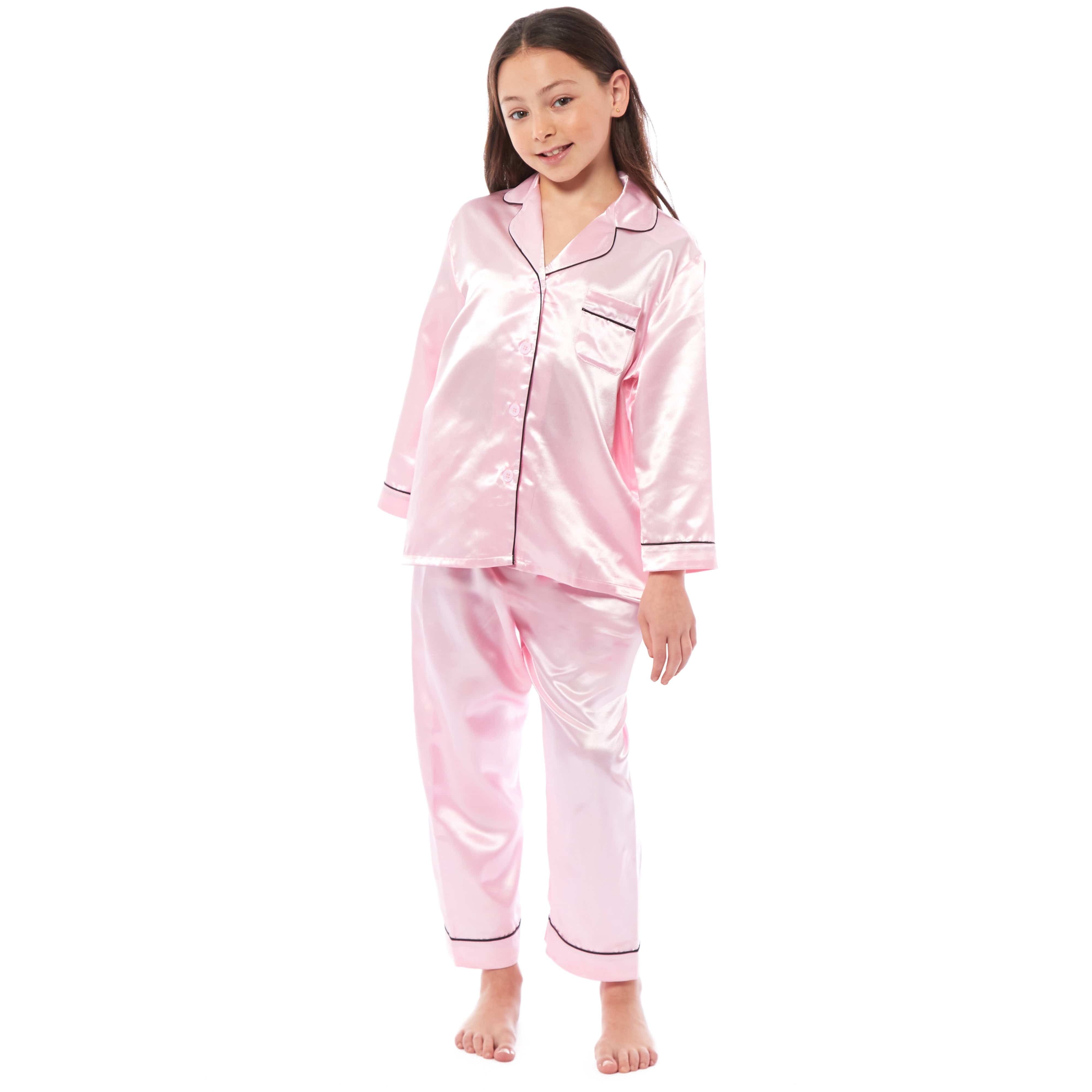 OLIVIA ROCCO Girls Satin Silk Long Sleeve Pajama Set Black Pink Grey 5-14 Button Down Shirt Loose Fit Pants Daisy Dreamer