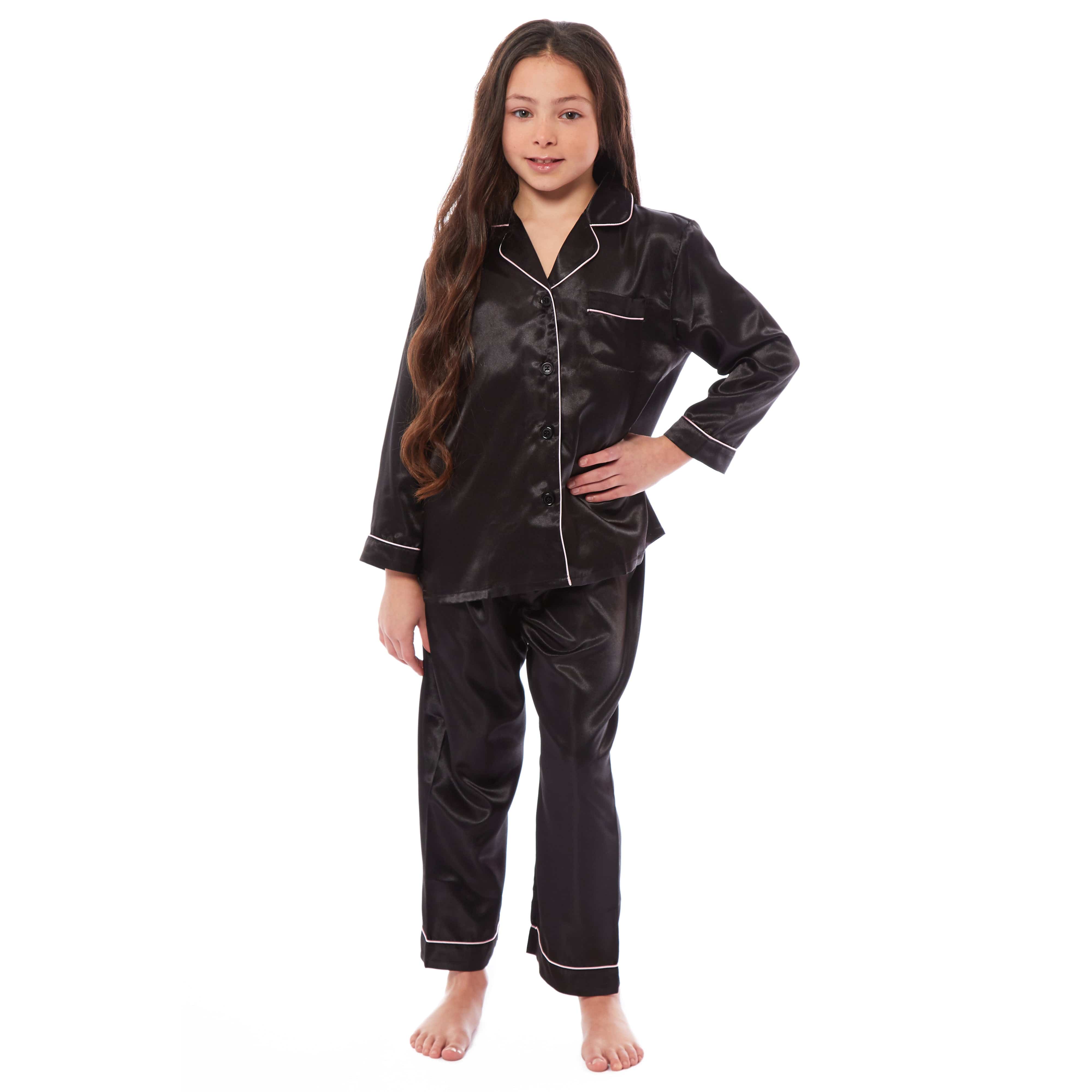 OLIVIA ROCCO Girls Satin Silk Long Sleeve Pajama Set Black Pink Grey 5-14 Button Down Shirt Loose Fit Pants Daisy Dreamer