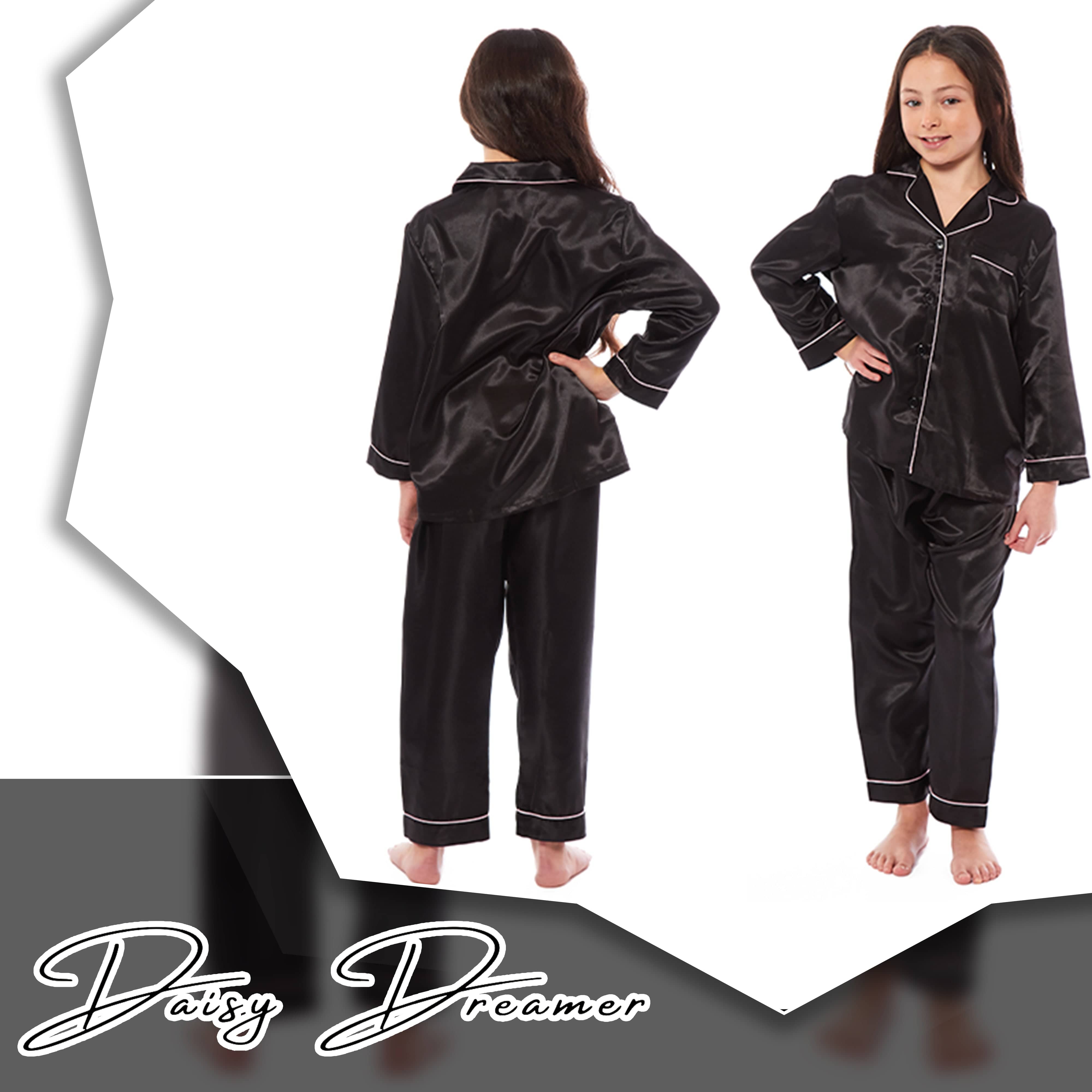 OLIVIA ROCCO Girls Satin Silk Long Sleeve Pajama Set Black Pink Grey 5-14 Button Down Shirt Loose Fit Pants Daisy Dreamer