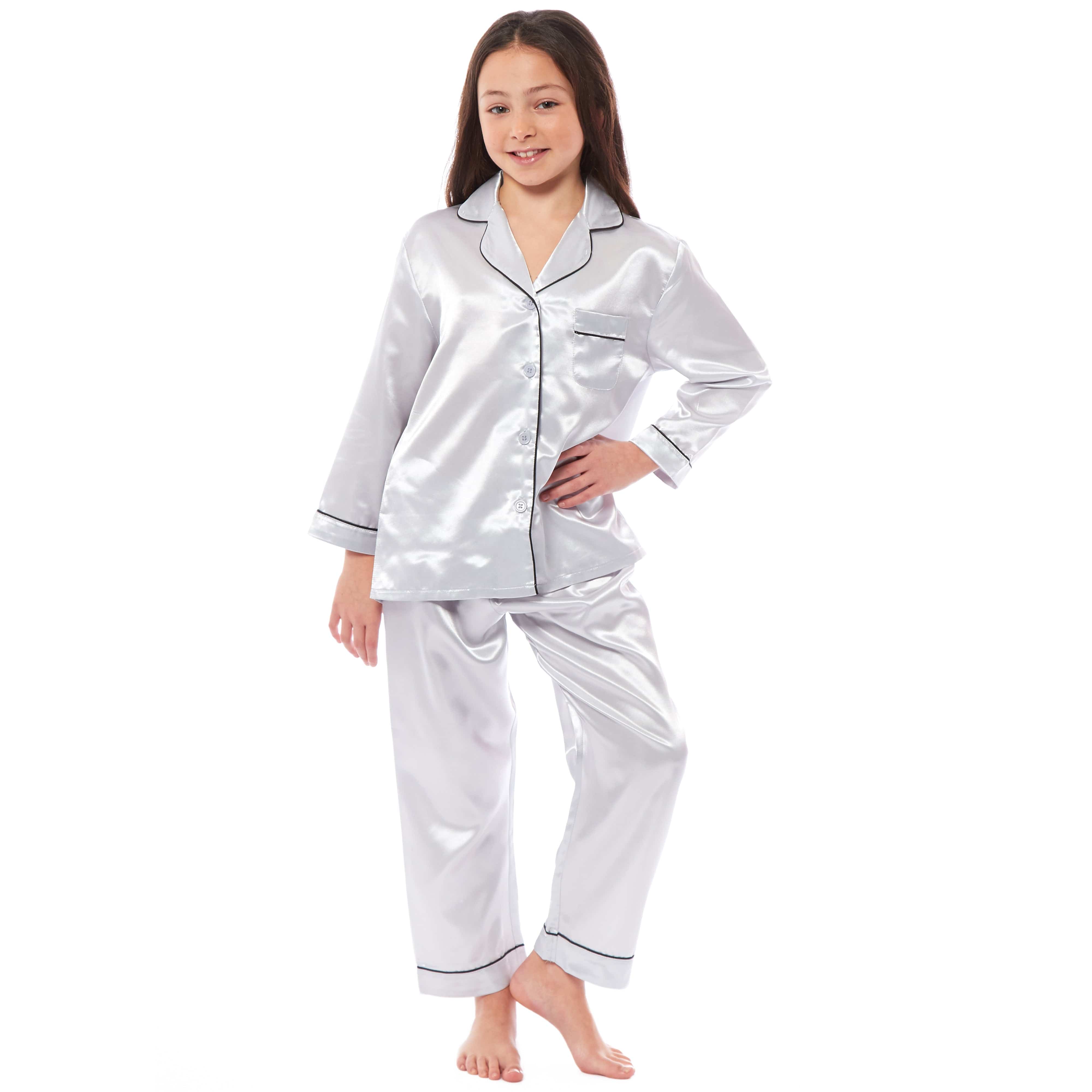 OLIVIA ROCCO Girls Satin Silk Long Sleeve Pajama Set Black Pink Grey 5-14 Button Down Shirt Loose Fit Pants Daisy Dreamer