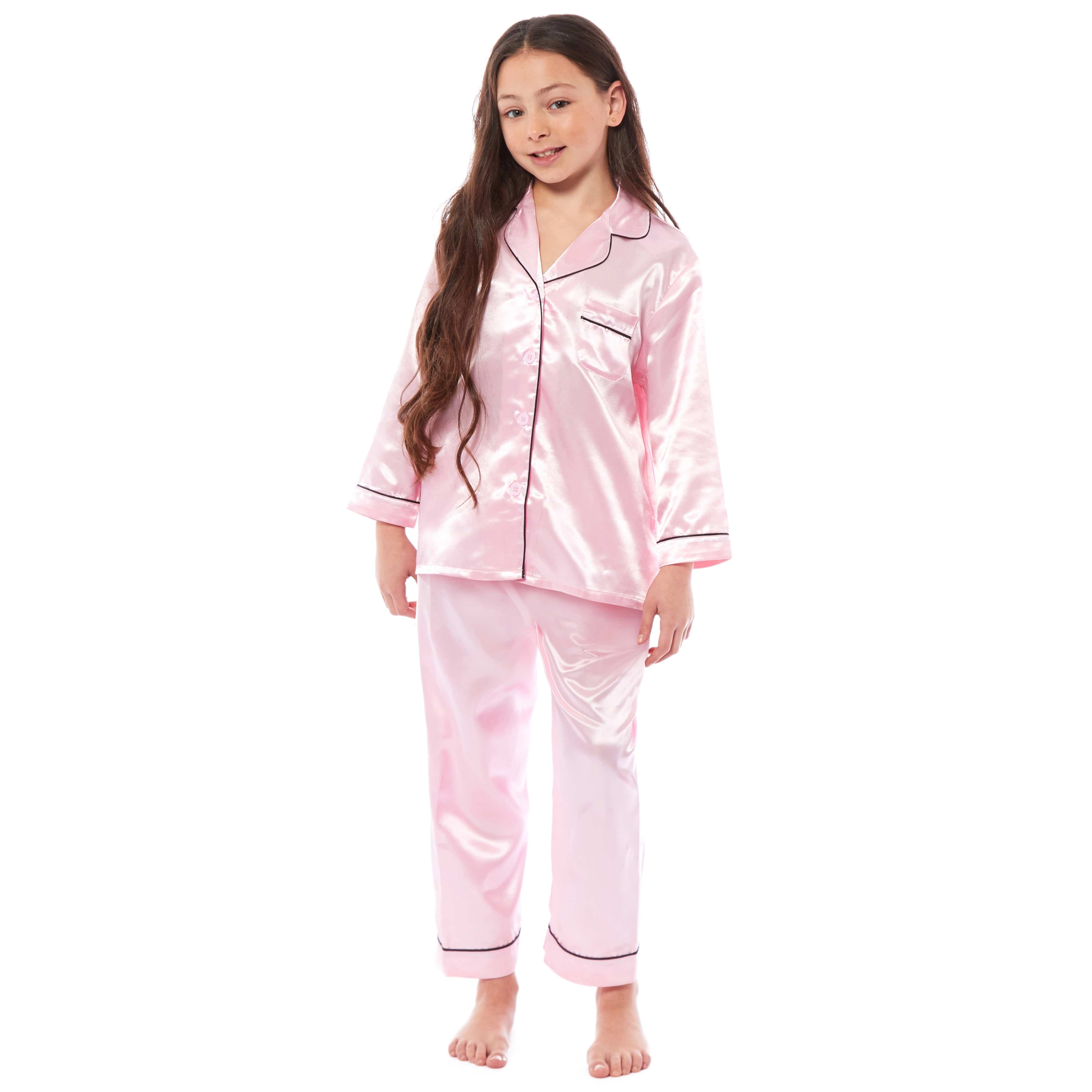 OLIVIA ROCCO Girls Satin Silk Long Sleeve Pajama Set Black Pink Grey 5-14 Button Down Shirt Loose Fit Pants Daisy Dreamer