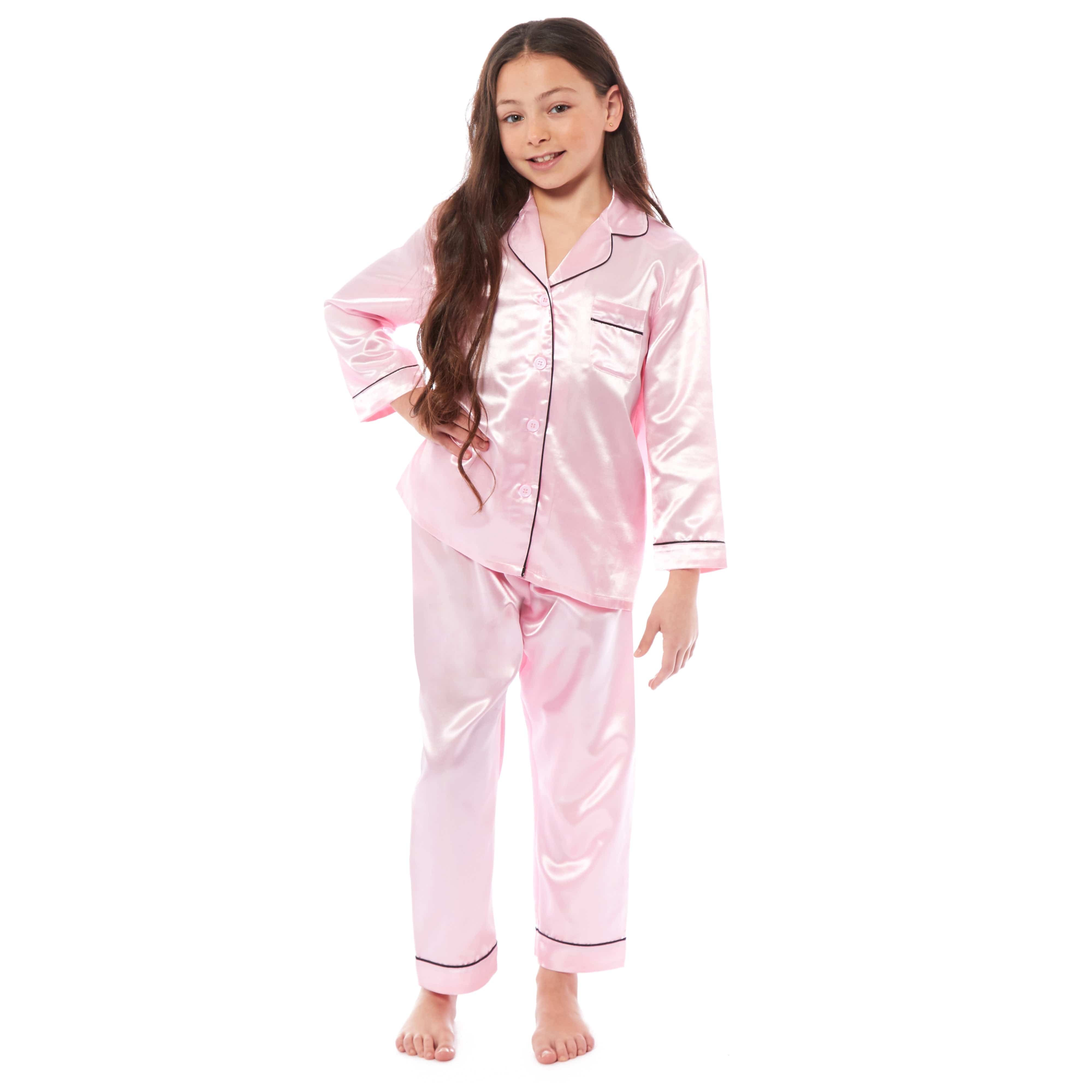 OLIVIA ROCCO Girls Satin Silk Long Sleeve Pajama Set Black Pink Grey 5-14 Button Down Shirt Loose Fit Pants Daisy Dreamer