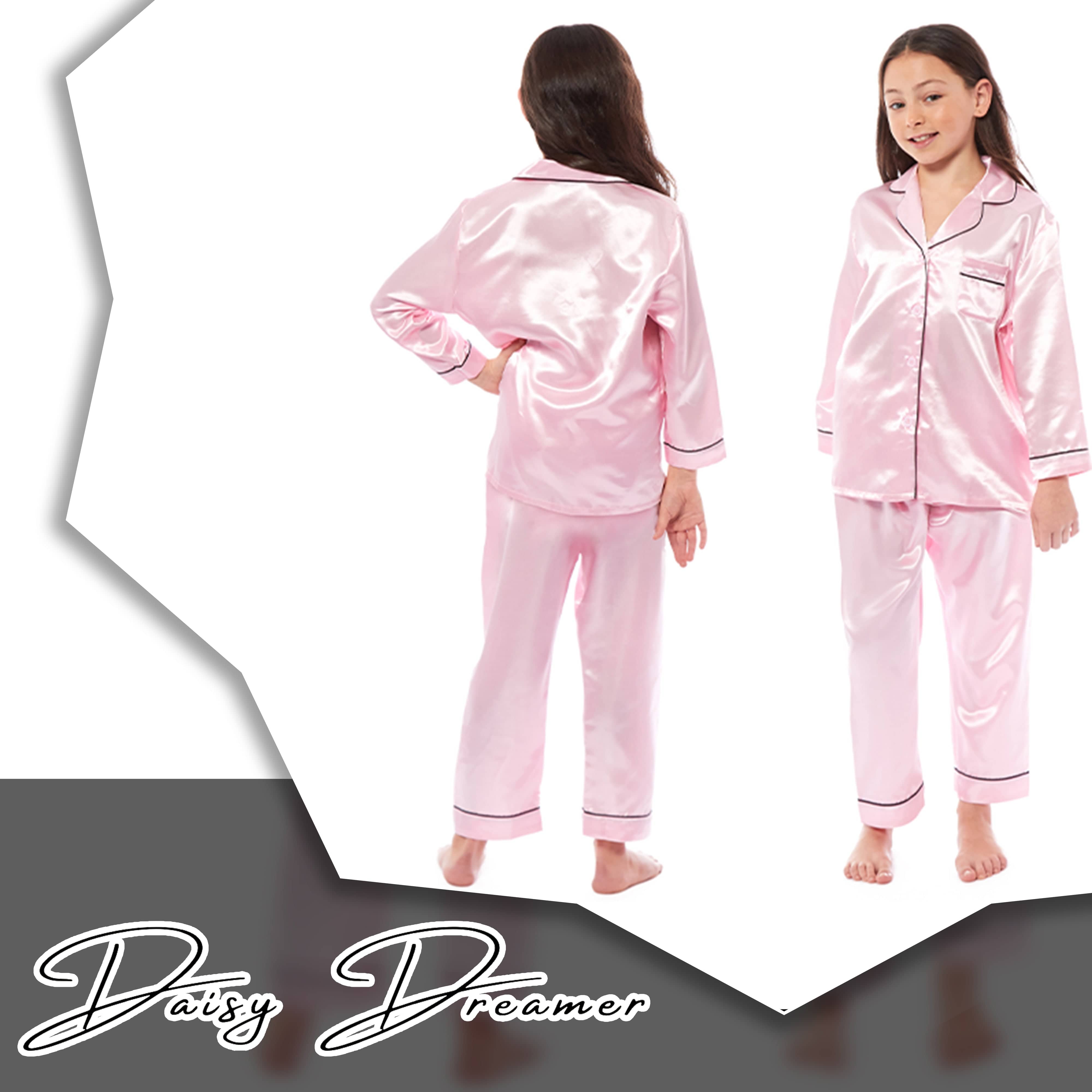 OLIVIA ROCCO Girls Satin Silk Long Sleeve Pajama Set Black Pink Grey 5-14 Button Down Shirt Loose Fit Pants Daisy Dreamer