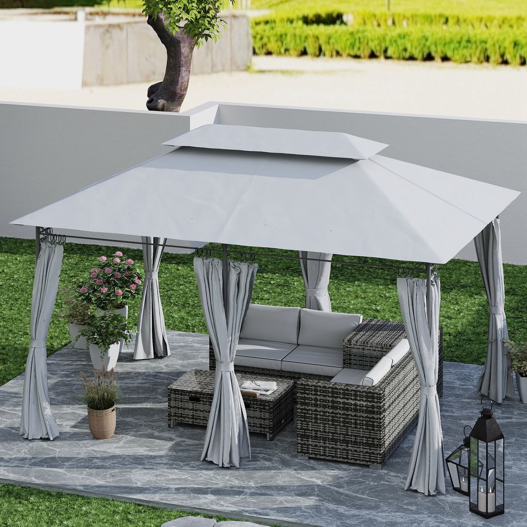 Outsunny 3 x 4m Garden Gazebo with Sides, Double Roof Metal Gazebo
