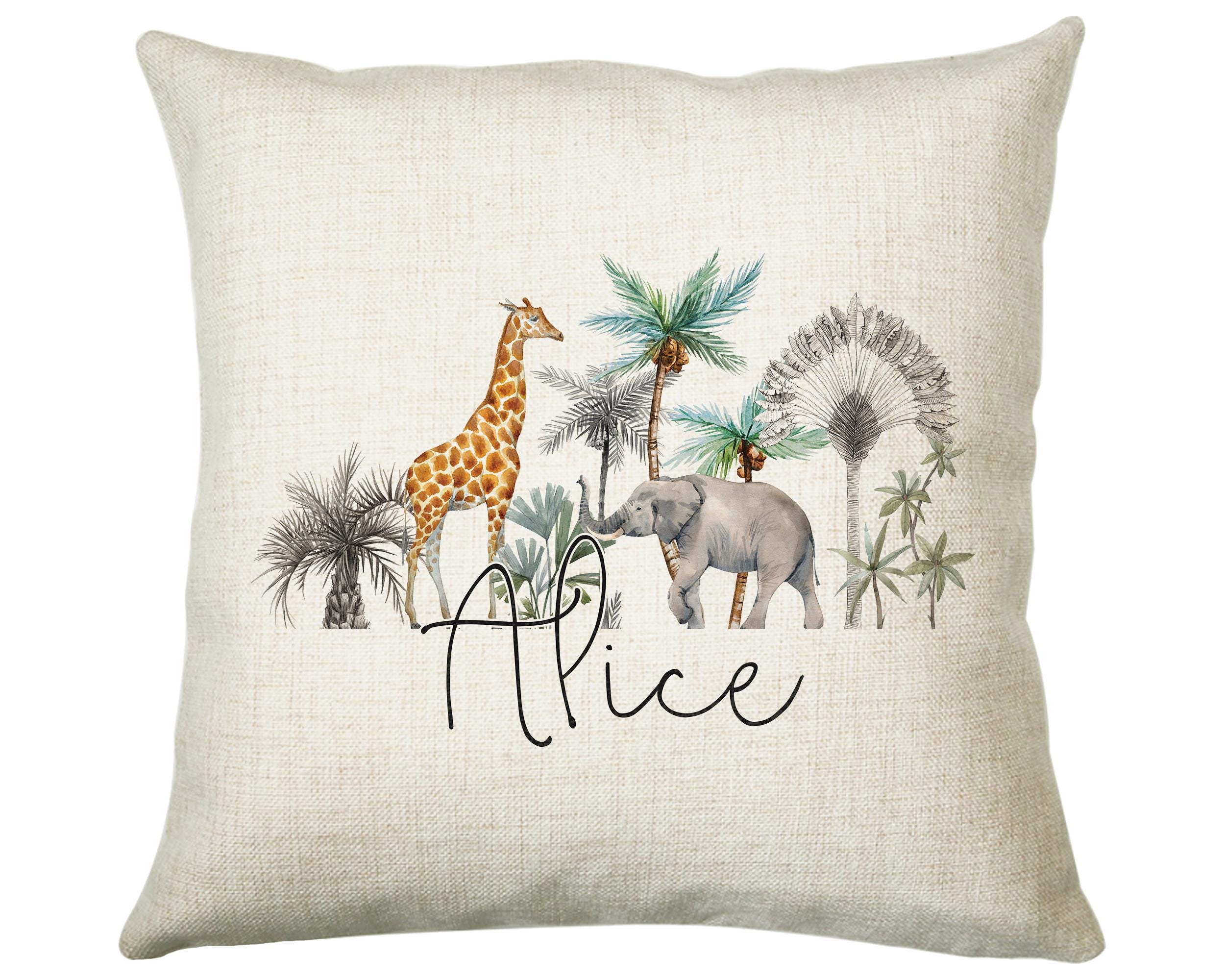 Personalised Elephant Giraffe Cushion Gift - Printed Name Design Safari Cushion Throw Pillow Gift Boy Girl Kids Bedroom Birthday Gift CS181
