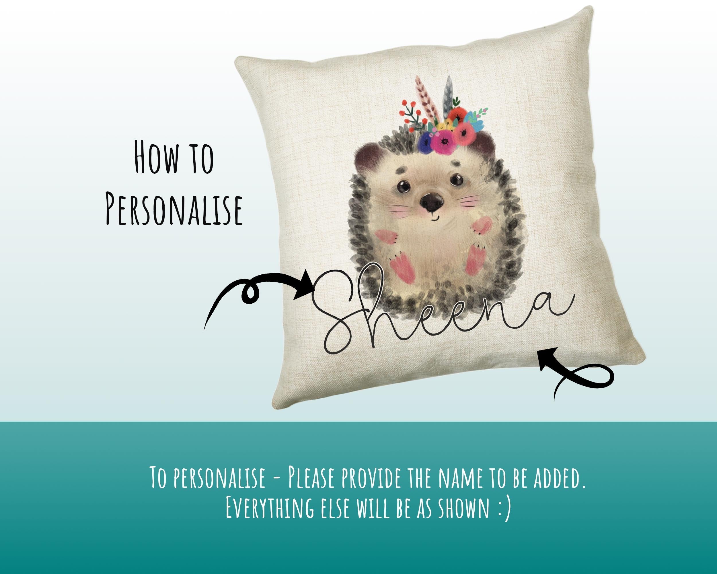 Personalised Hedgehog Cushion Gift - Custom Name Design Scatter Pillow Decor With Padding & Cushion Cover - Woodland Animals Wildlife CS069