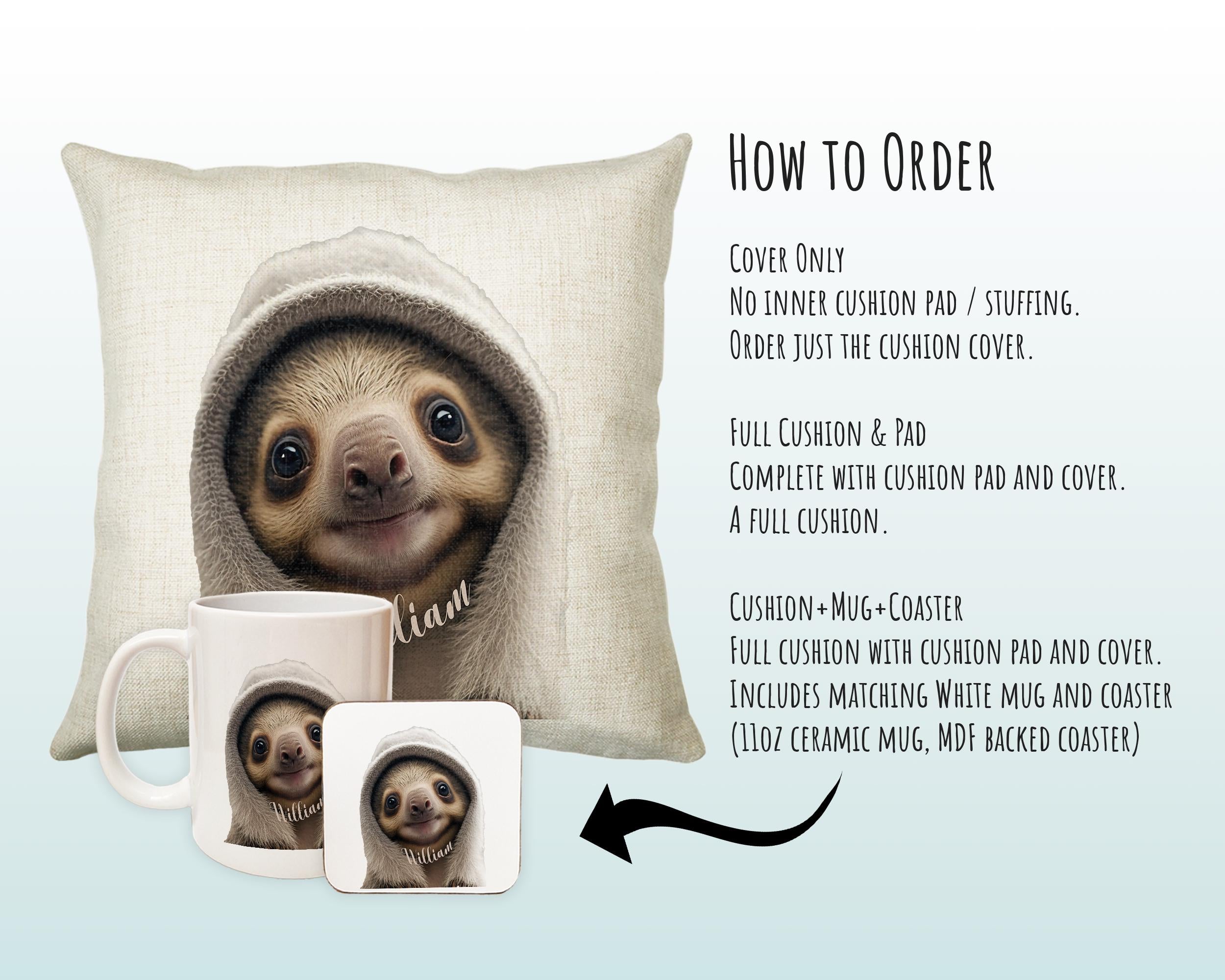Birthday Gift For Boy Girl Sloth Cushion Gift Printed Name Design Cushion Throw Pillow Gift For Girls Nursery Bedroom Animal Gift CS533
