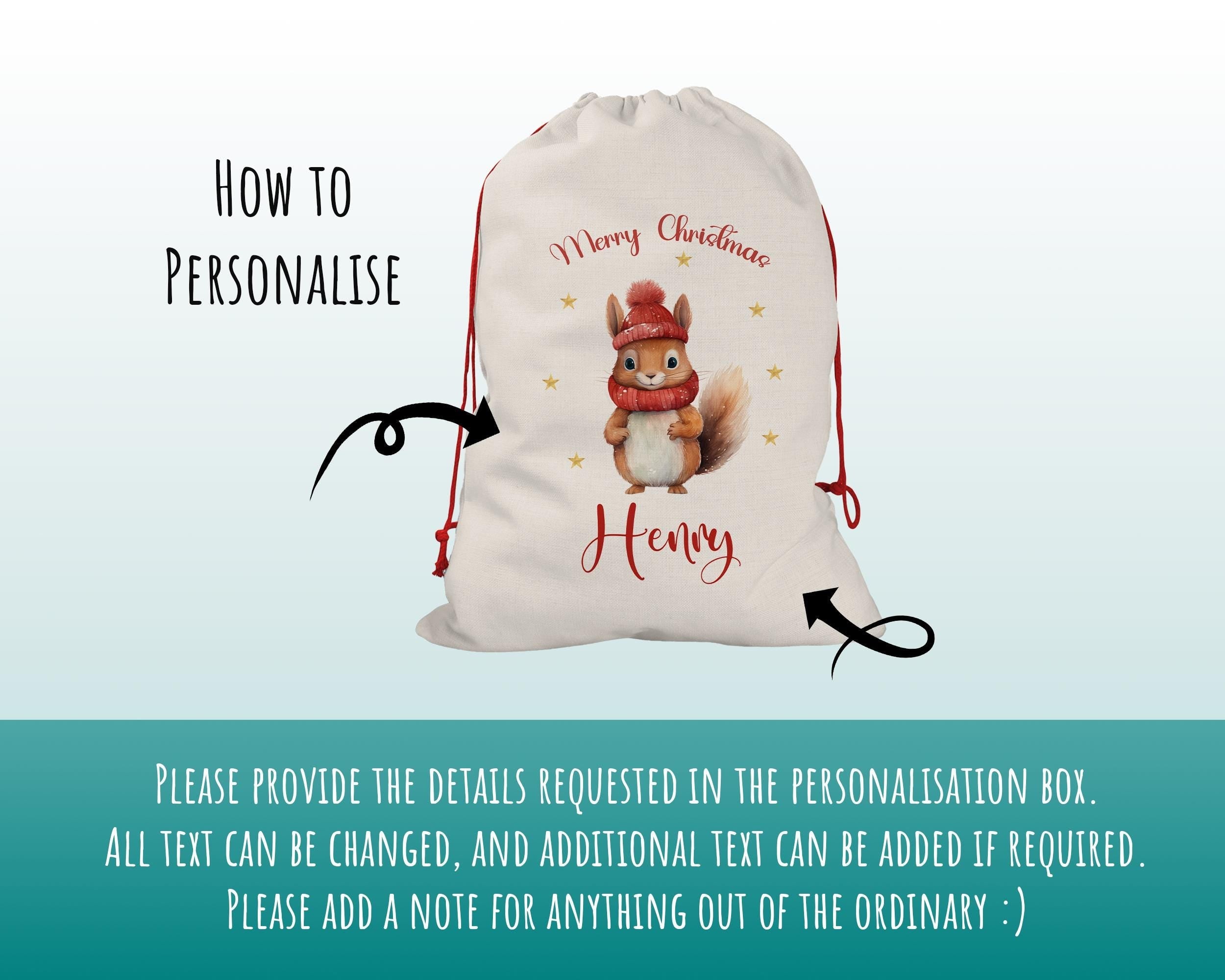 Personalised Christmas Sack - Santa Sack for Kids Presents Xmas Chickens Fairy Lights Design Stocking Christmas Eve Bag Girls & Boys XS041