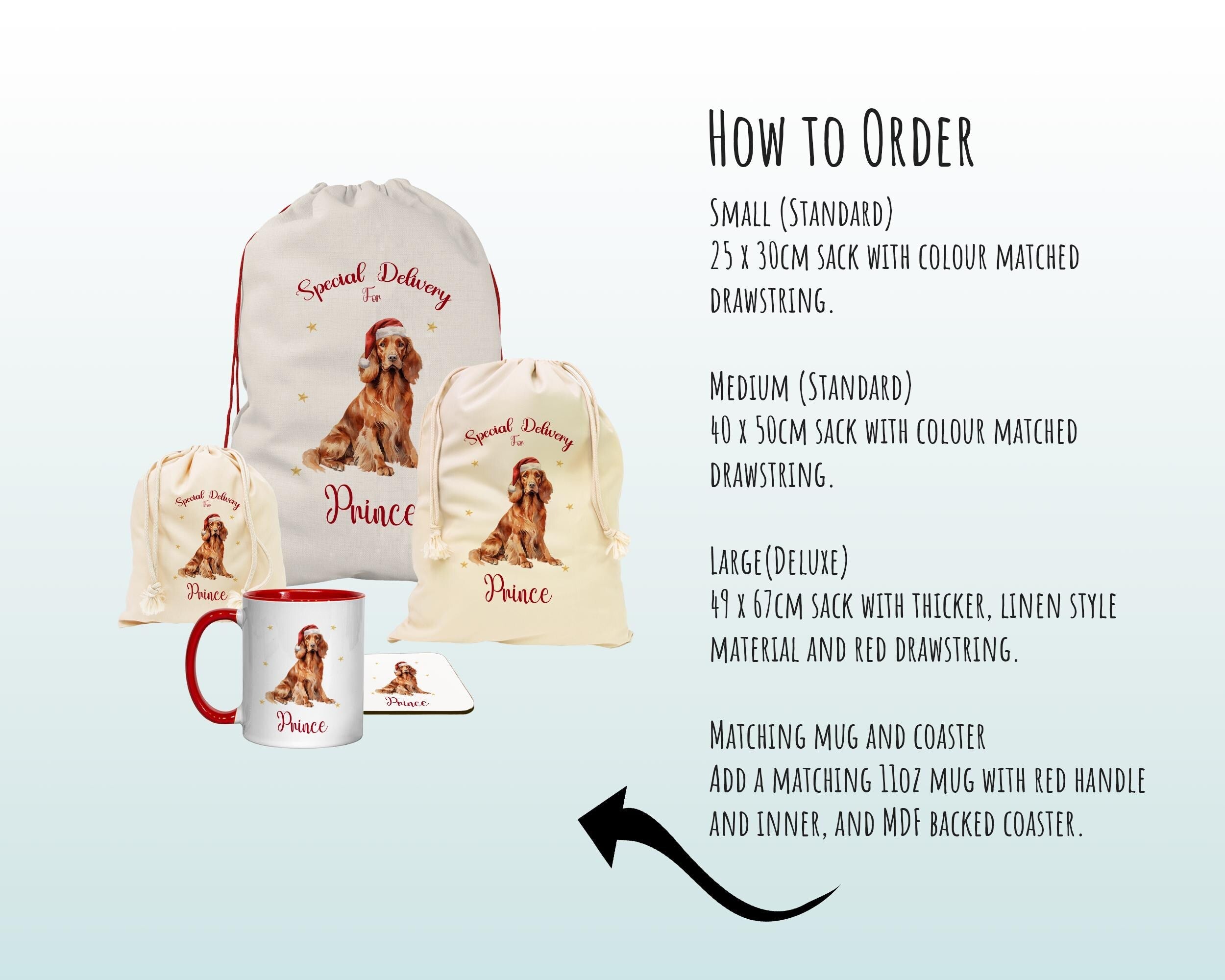 Personalised Irish Setter Large Christmas Sack - Red Drawstring Bag for Xmas Presents - Christmas Eve Bag Box Decoration for Dogs XS114