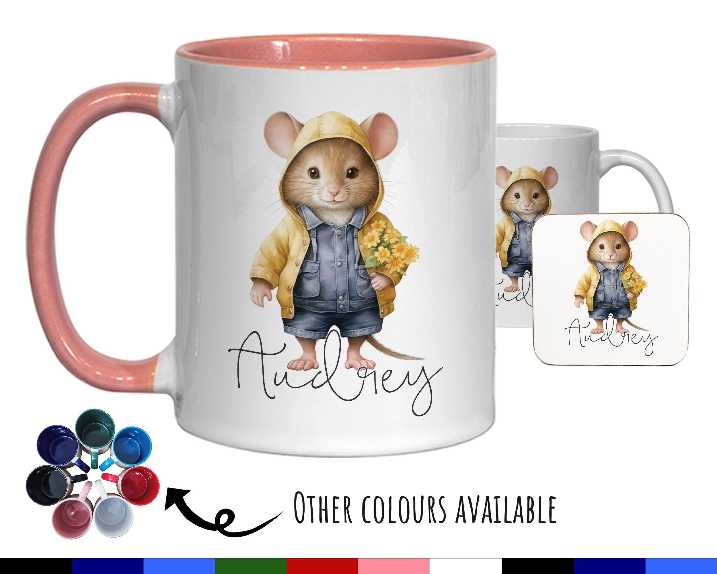 Personalised Mouse Gift Mug - Ceramic Coffee Tea Hot Chocolate Mug Coaster Cute Mouse Flowers Animal Lover - Secret Santa Gift Idea MG0882