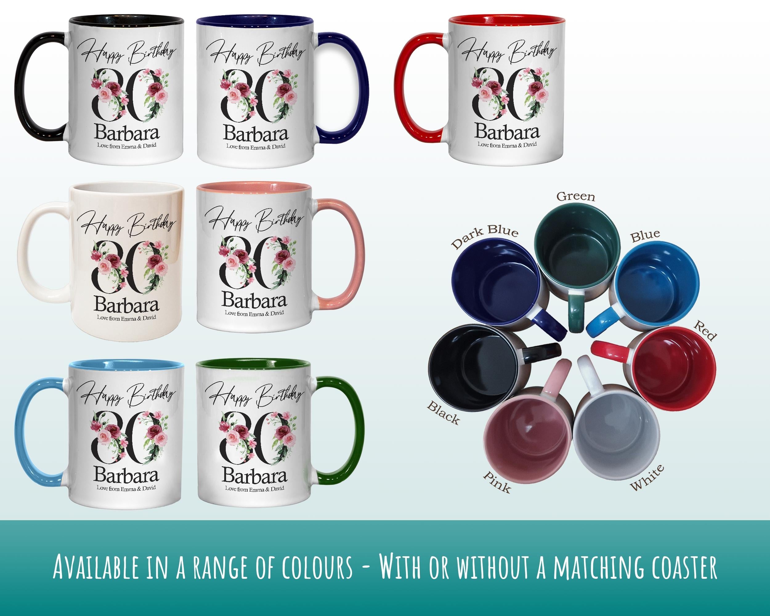 80th Birthday Gift for Women - Personalised Coffee Mug & Coaster - Age 80 Gift for Her - Ladies Floral Age Design Mum Nan Gran Eighty BNA80M