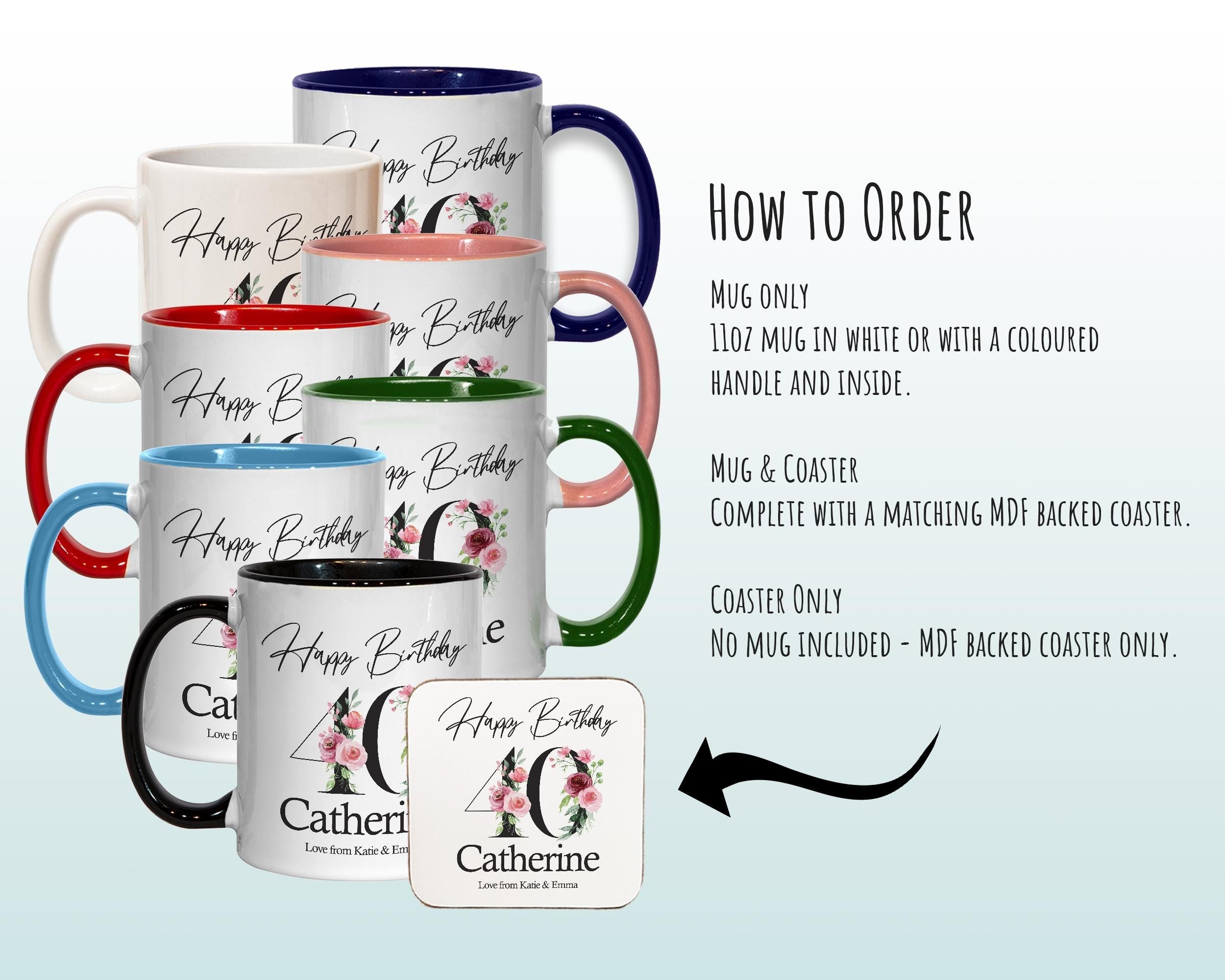 40th Birthday Gift for Women - Personalised Coffee Mug & Coaster - Age 40 Gift for Her - Ladies Floral Age Design Mum Daughter Forty BNA40M