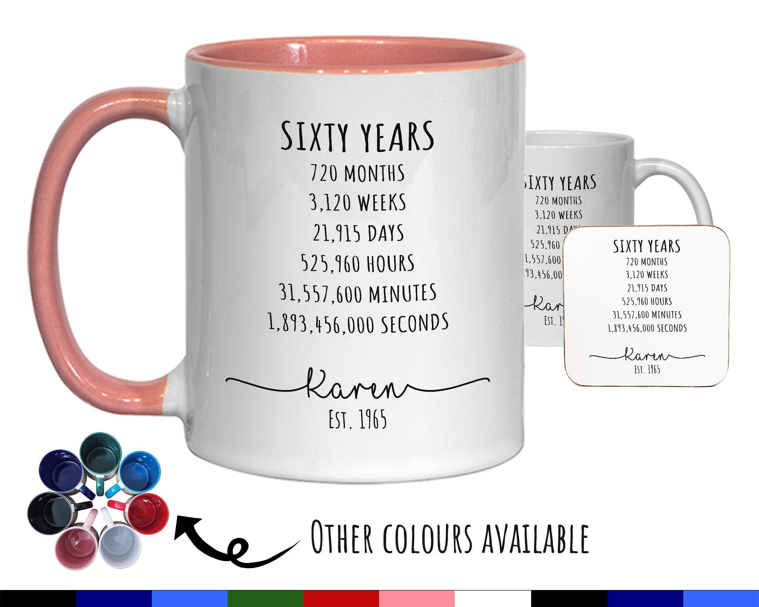 60th Birthday Gift for Her - Personalised Birthday Coffee Mug Coaster Age 60 Gift for Women Lifetime Design Mum Nan Sister Sixty BNE60M