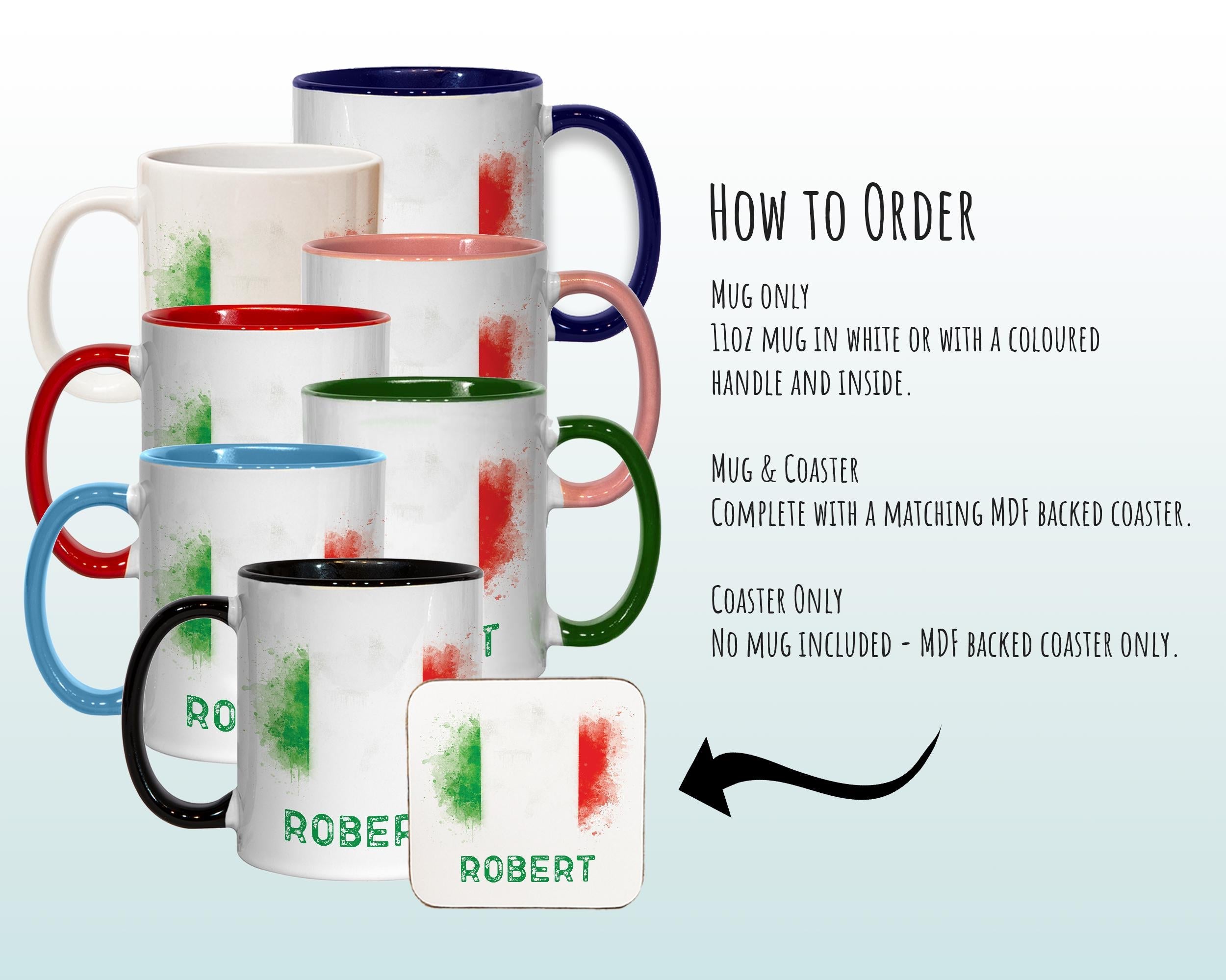Personalised Italian Flag Mug Gift - Great Gift for Italy Citizenship Visitor Mediterranean - Watercolour Flag Design Mug & Coaster MGZ366