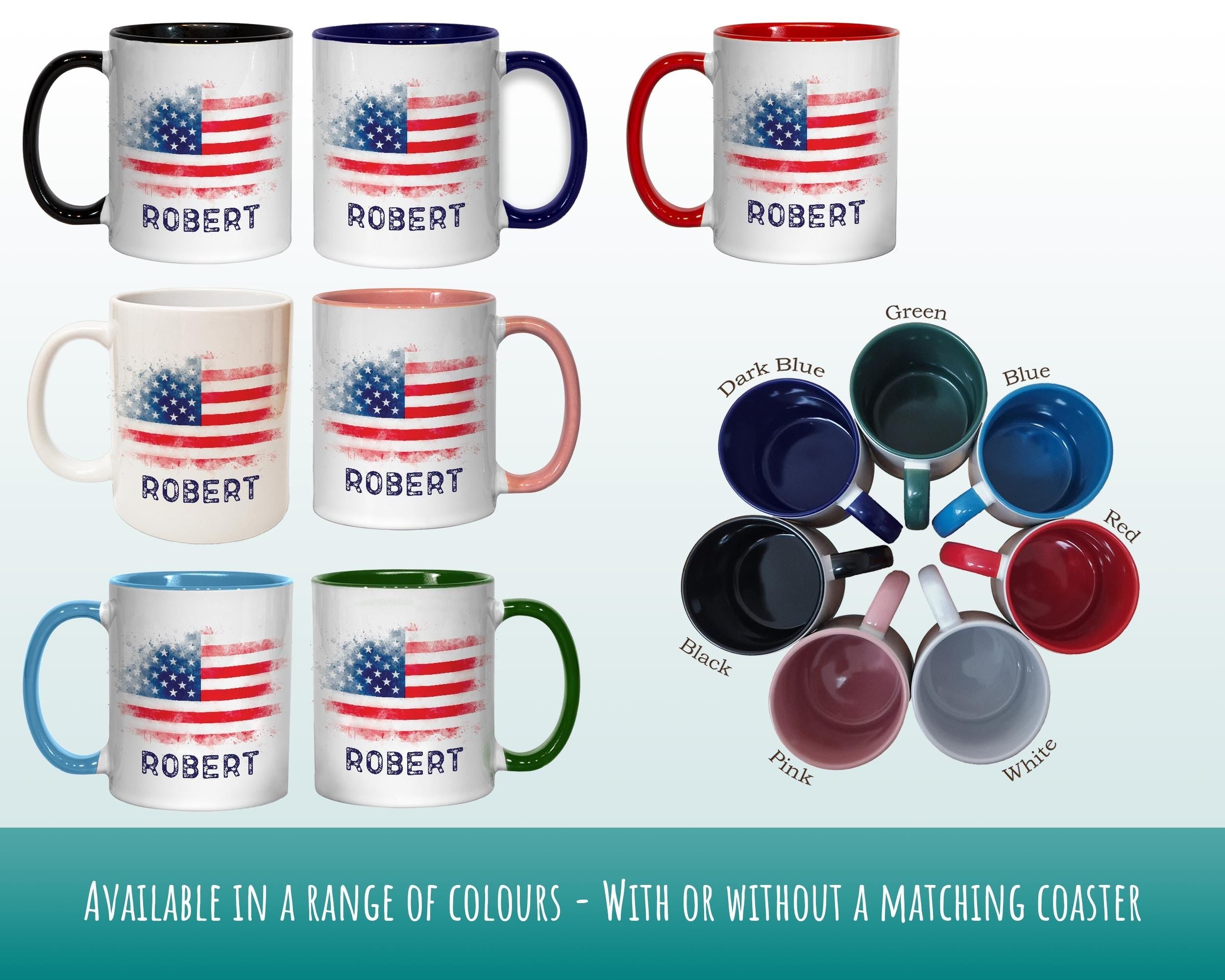 Personalised USA Flag Mug Gift - Great Gifts for Americans Citizenship - Watercolour Star Spangled Banner Flag Design Mug & Coaster MGZ365