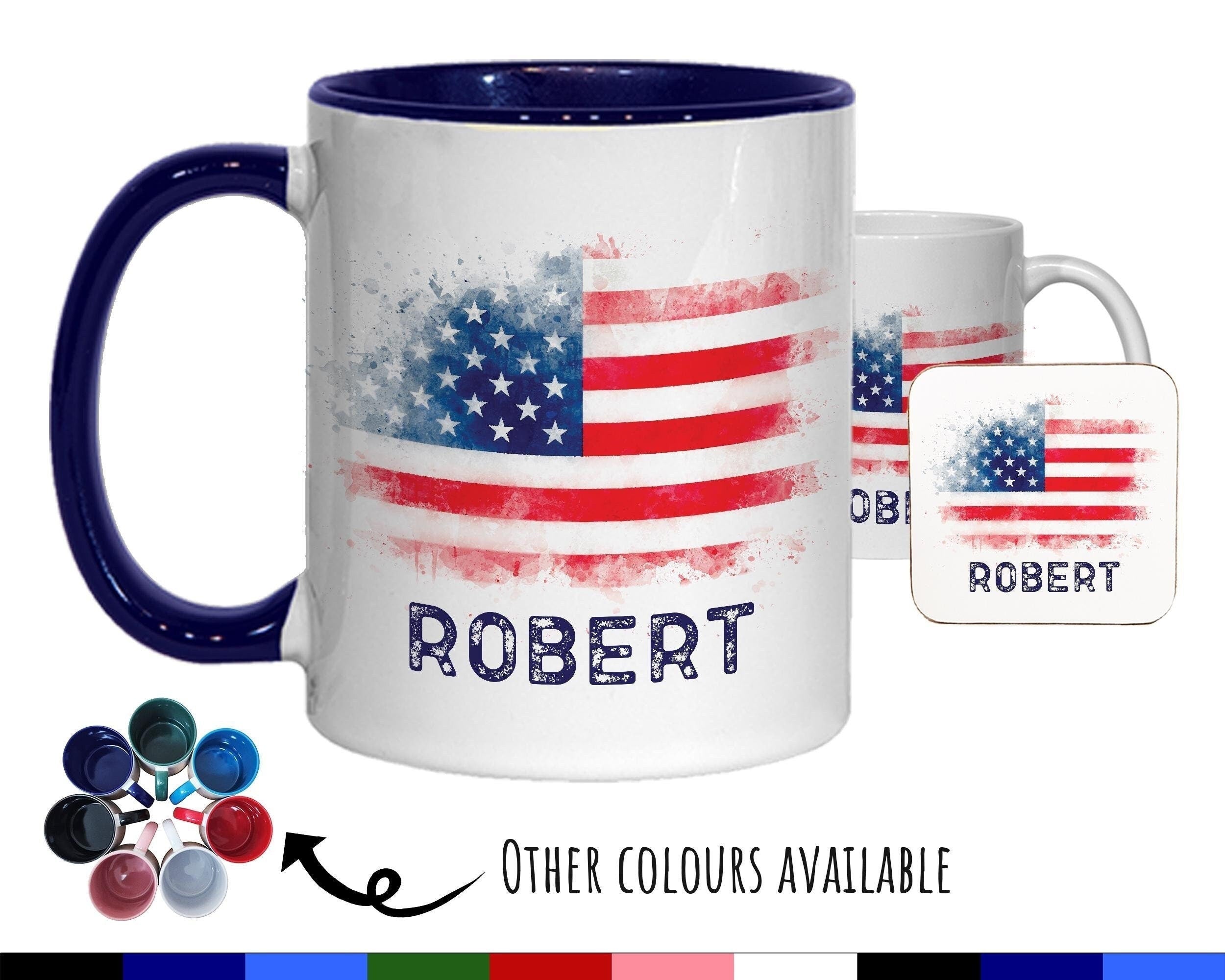 Personalised USA Flag Mug Gift - Great Gifts for Americans Citizenship - Watercolour Star Spangled Banner Flag Design Mug & Coaster MGZ365