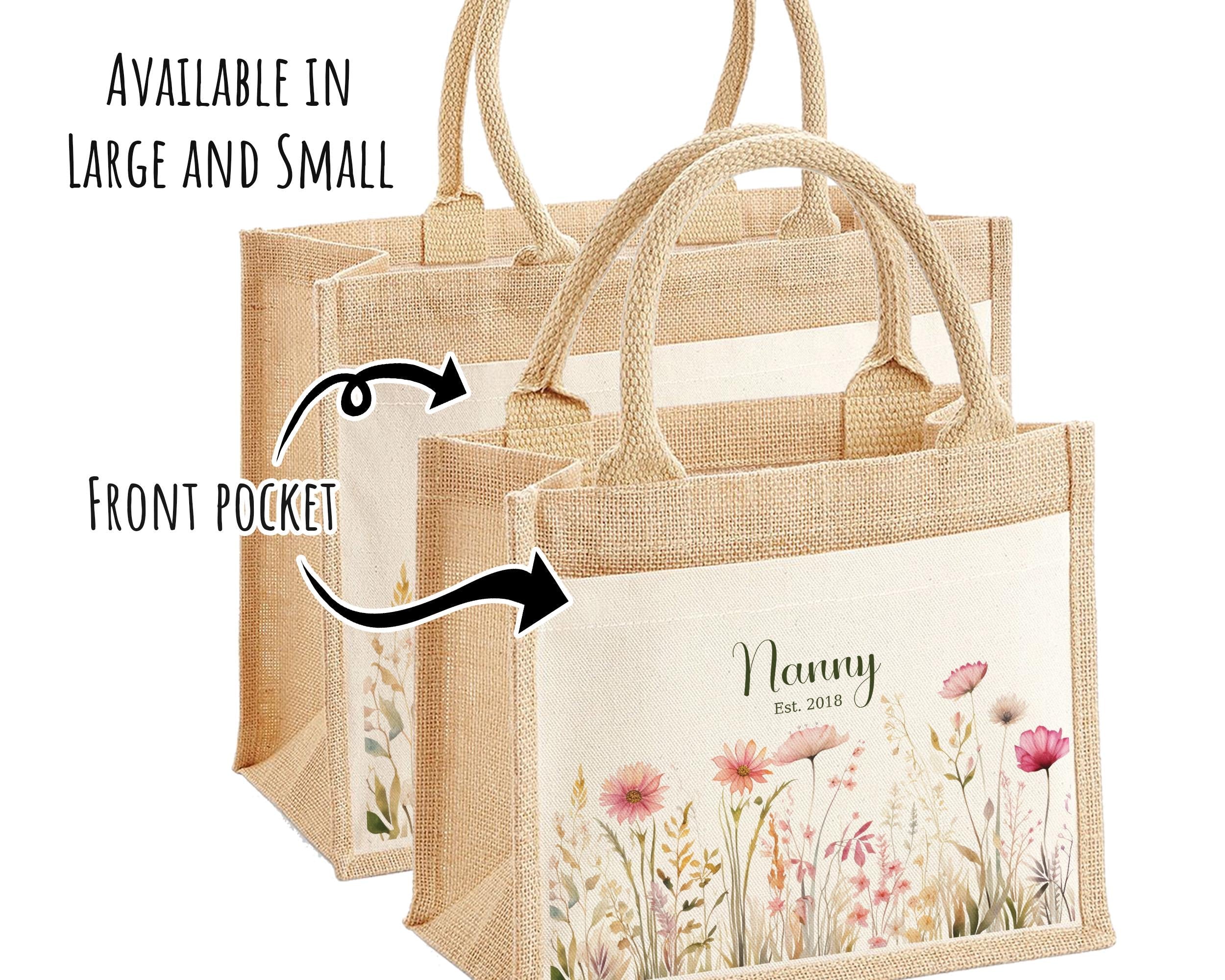 Nanny Gift Personalised Jute Bag - Pink Wild Flower Tote Bag Gift for Grandma Nan - Custom Shopping Market Bag - Bag for Nans Birthday BT001