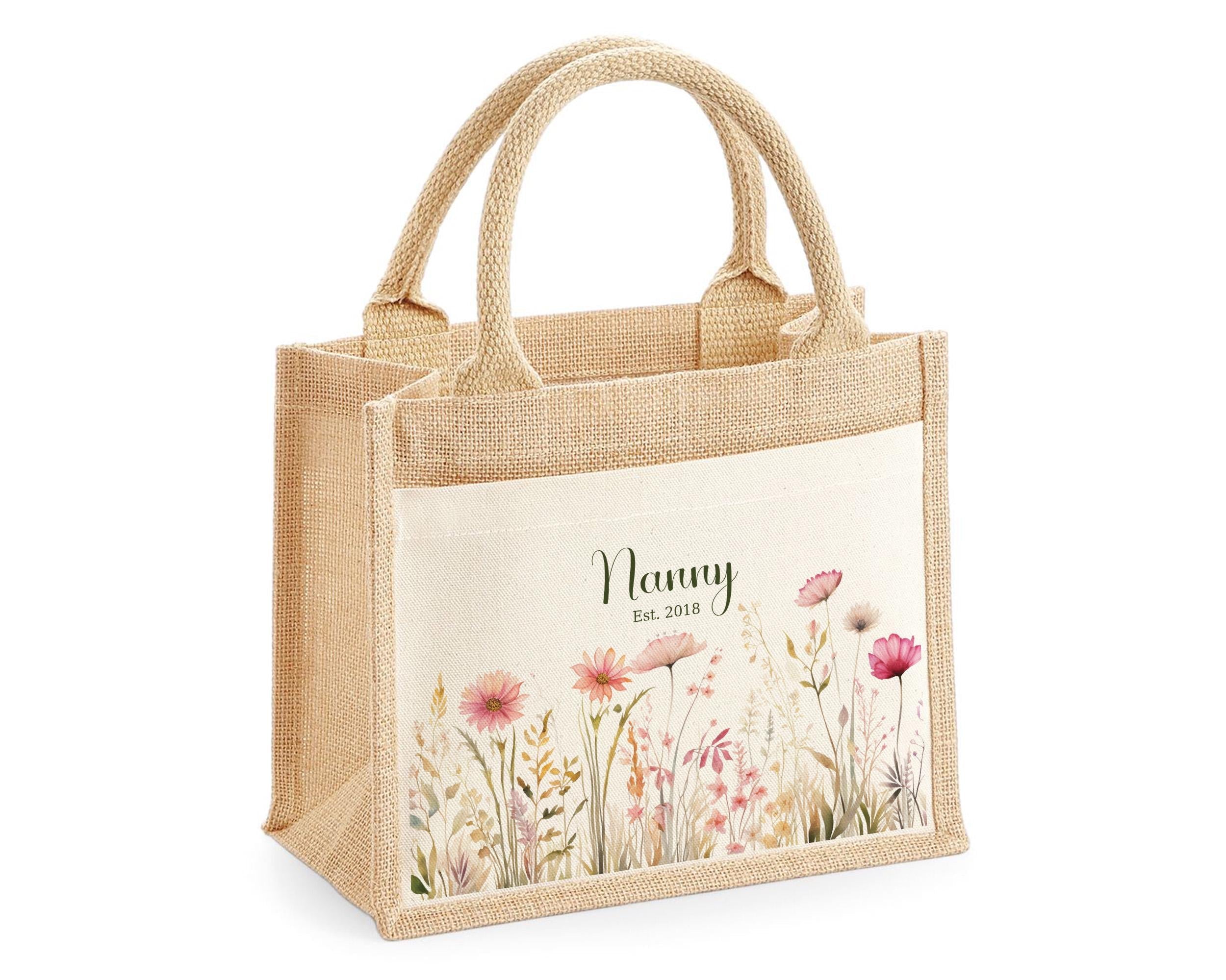 Nanny Gift Personalised Jute Bag - Pink Wild Flower Tote Bag Gift for Grandma Nan - Custom Shopping Market Bag - Bag for Nans Birthday BT001