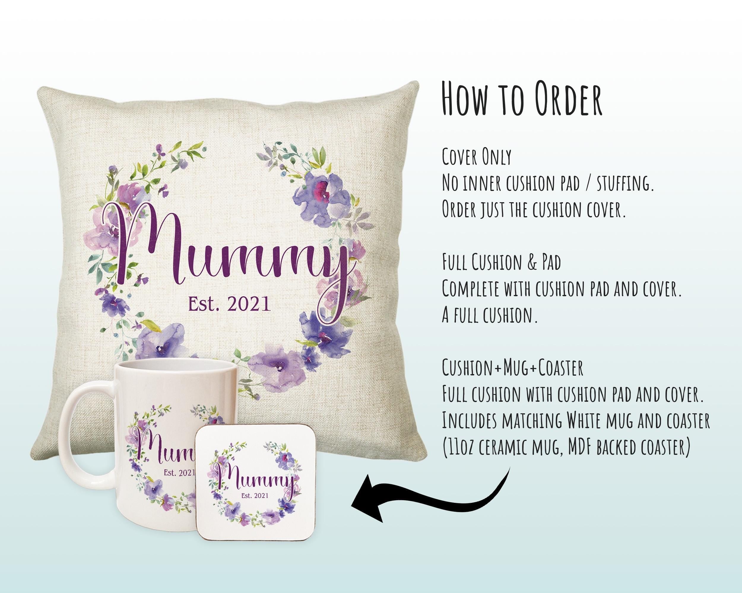 Mummy Gift Cushion - Personalised Scatter Cushion Pillow for Her Women - Purple Floral Wreath Custom Name Gift for Mum Mothers Day BC006