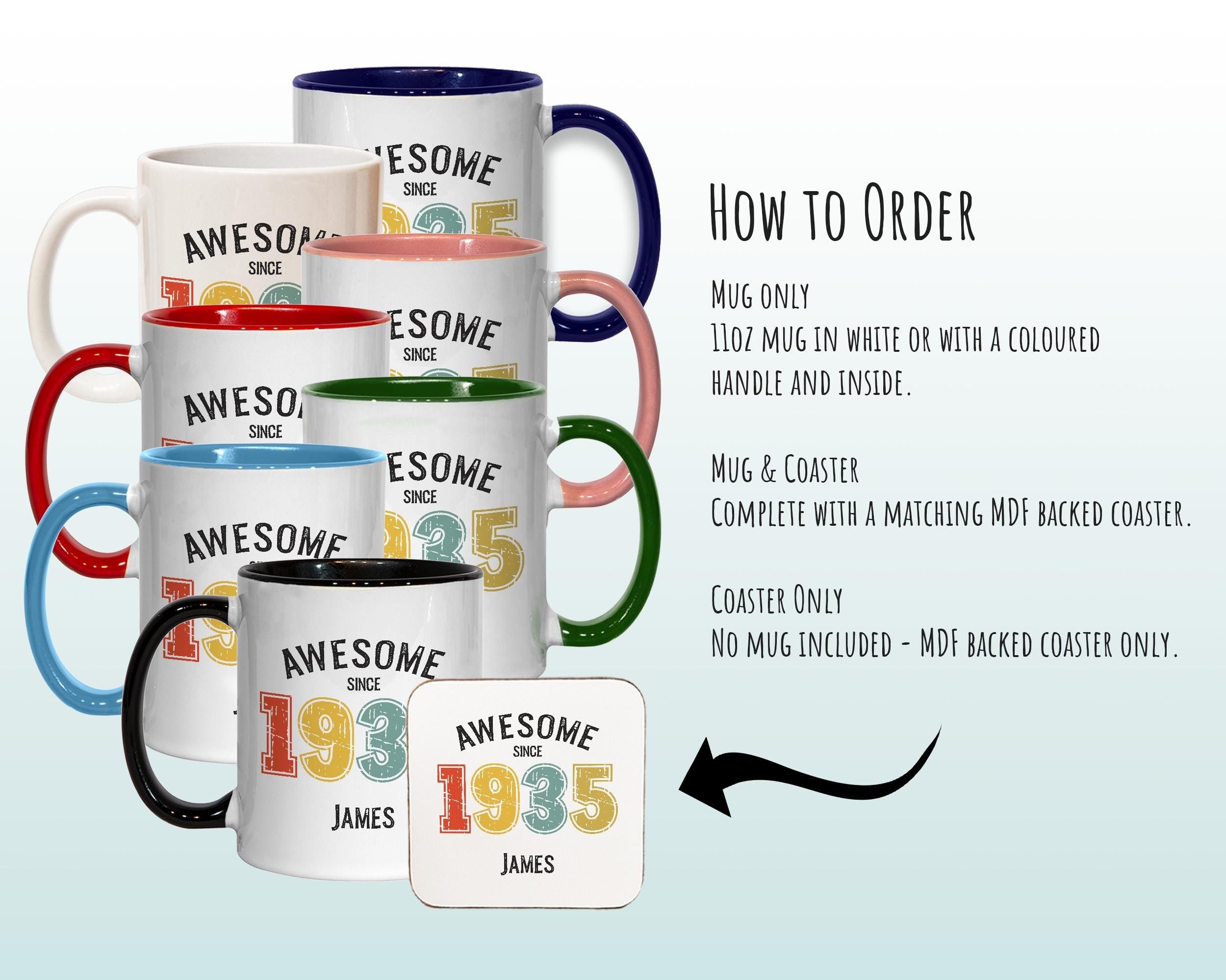 90th Birthday Gift for Men - Awesome Since 1936 Personalised Coffee Mug Coaster Age 90 Gift for Him - Retro Number Design Grandad Dad BNG90M