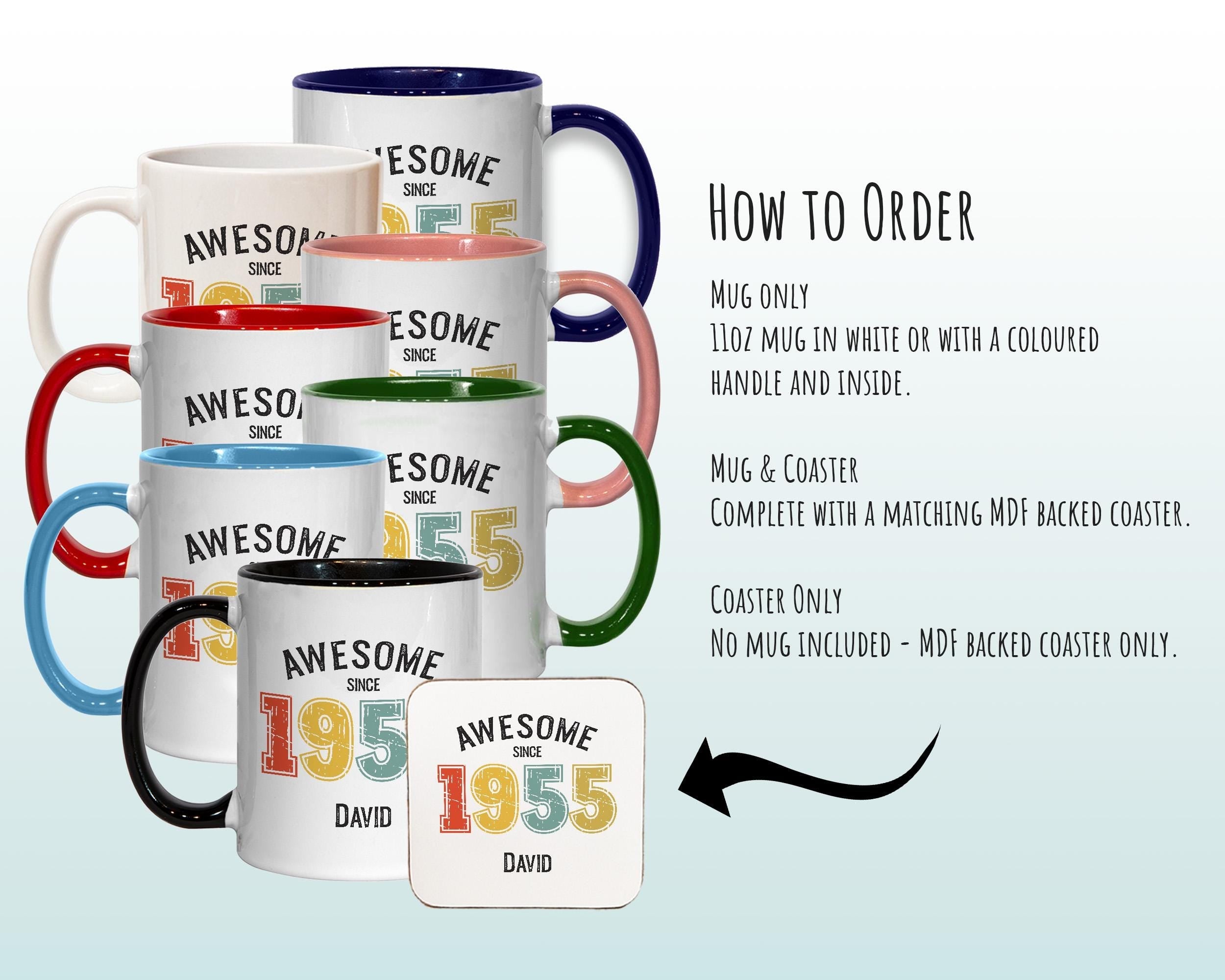 70th Birthday Gift for Men - Awesome Since 1956 Personalised Coffee Mug Coaster Age 70 Gift for Him - Retro Number Design Dad Grandad BNG70M