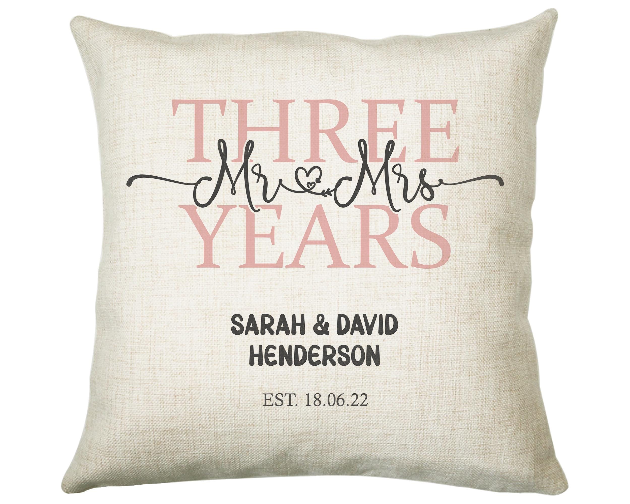 3rd Wedding Anniversary Gift for Him for Her - Third Cotton Anniversary Gift Cushion Personalised with Names Date Mr and Mrs Married BNJ03C