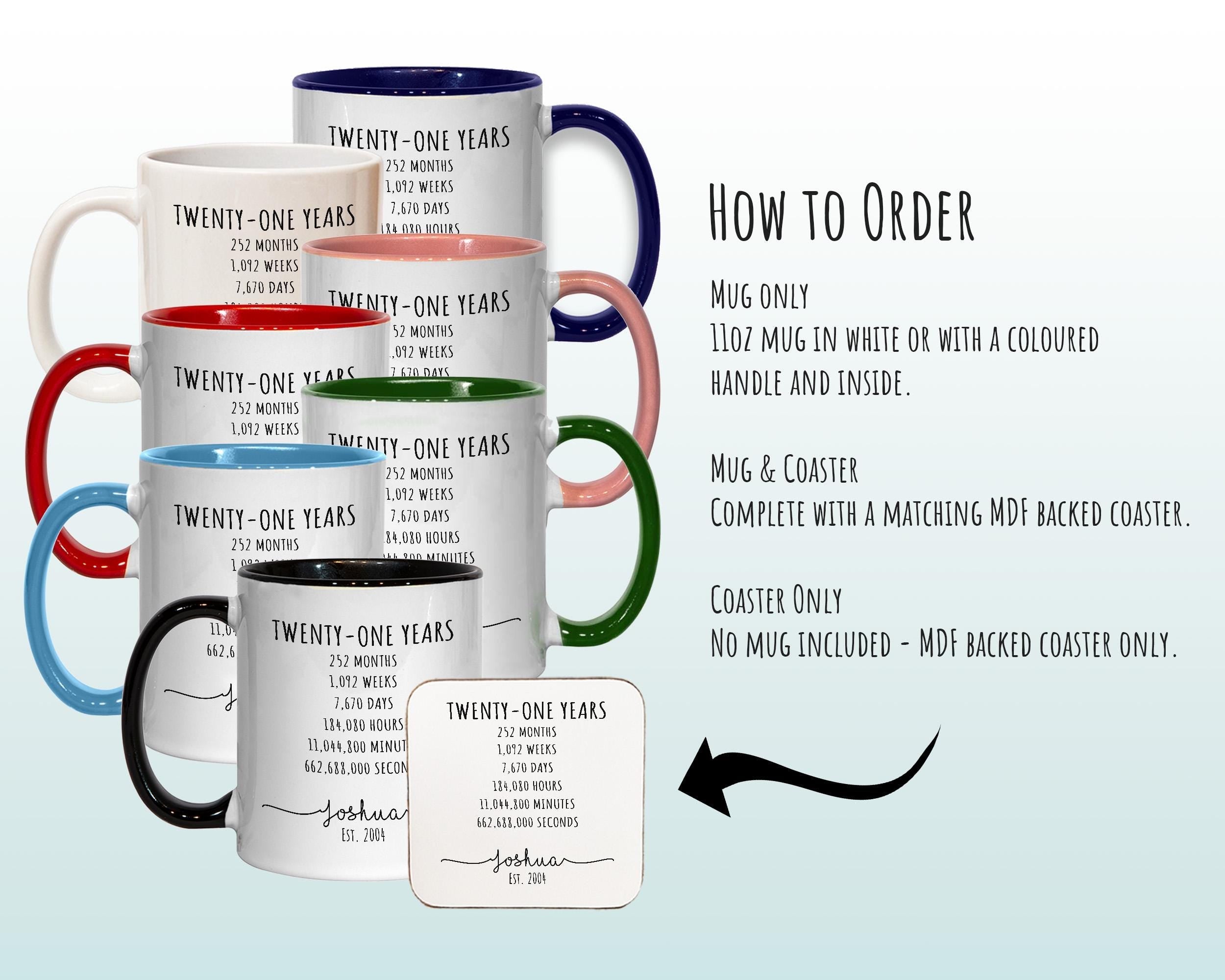 21st Birthday Gift for Men - Personalised Birthday Coffee Mug Coaster Age 21 Gift for Him Mens Lifetime Design Son Brother Twenty One BNE21M