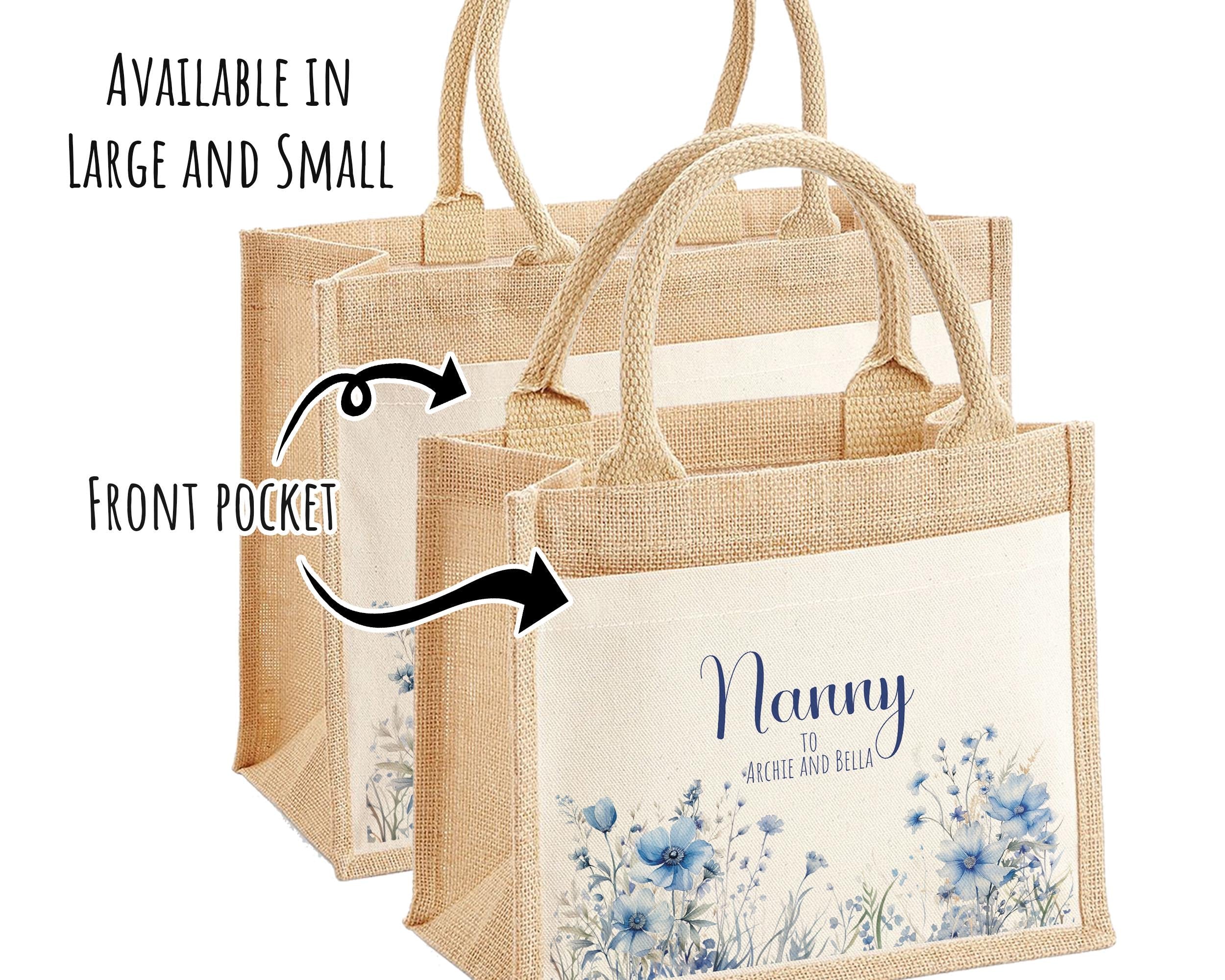 Nanny Gift Personalised Jute Bag - Blue Wild Flowers Tote Bag Gift for Grandma Nan - Custom Shopping Market Bag - Bag for Nan Birthday BT002