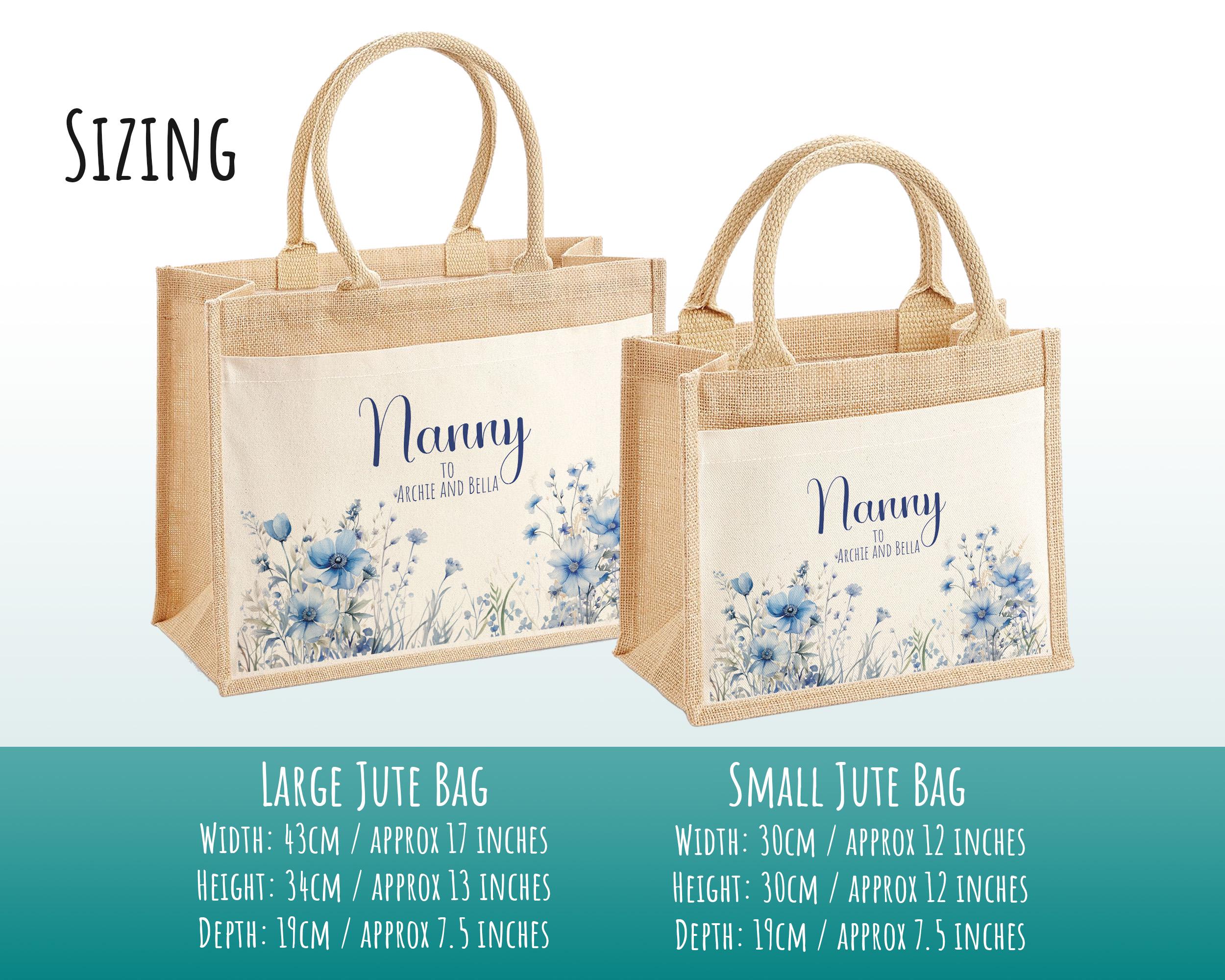 Nanny Gift Personalised Jute Bag - Blue Wild Flowers Tote Bag Gift for Grandma Nan - Custom Shopping Market Bag - Bag for Nan Birthday BT002
