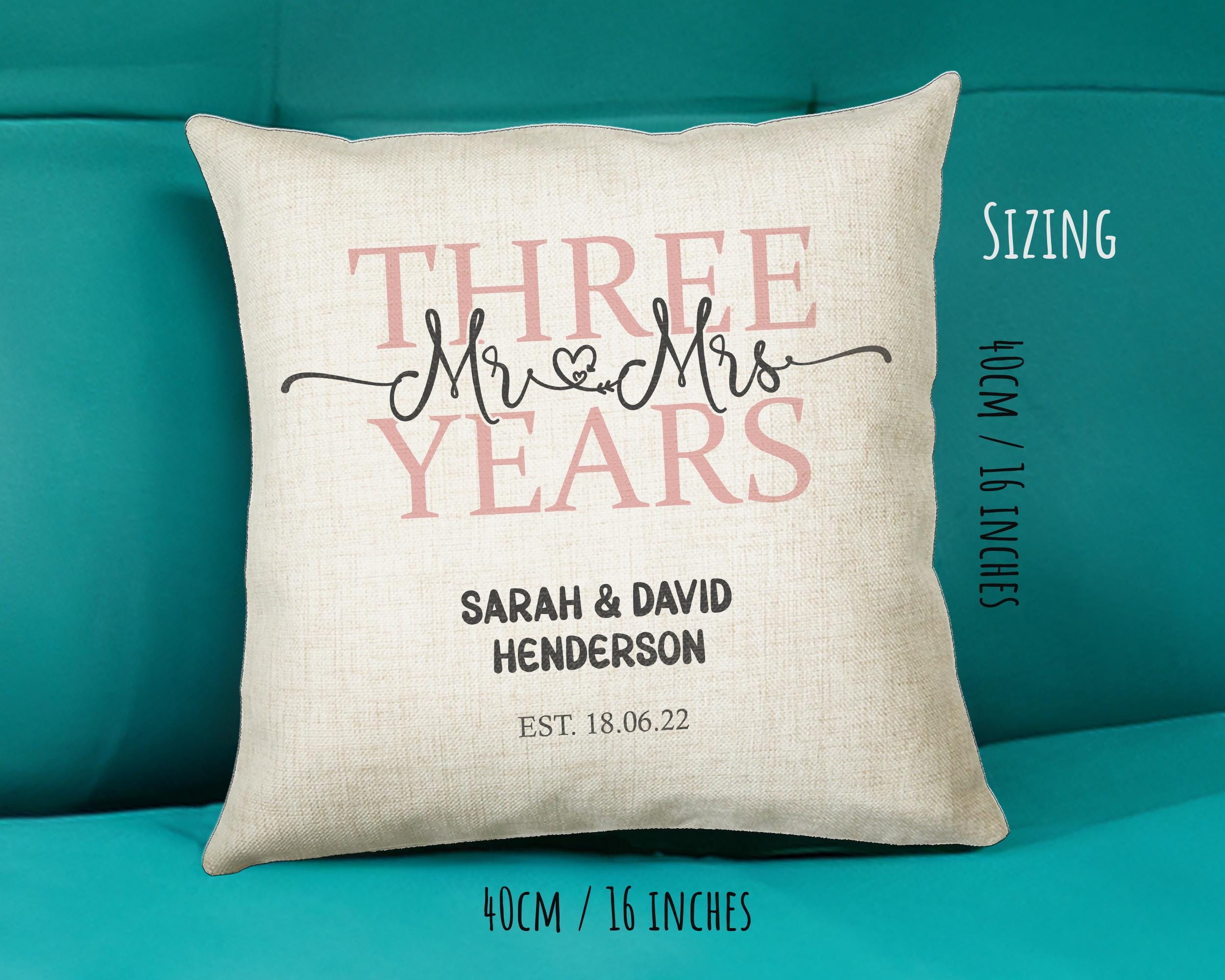 3rd Wedding Anniversary Gift for Him for Her - Third Cotton Anniversary Gift Cushion Personalised with Names Date Mr and Mrs Married BNJ03C