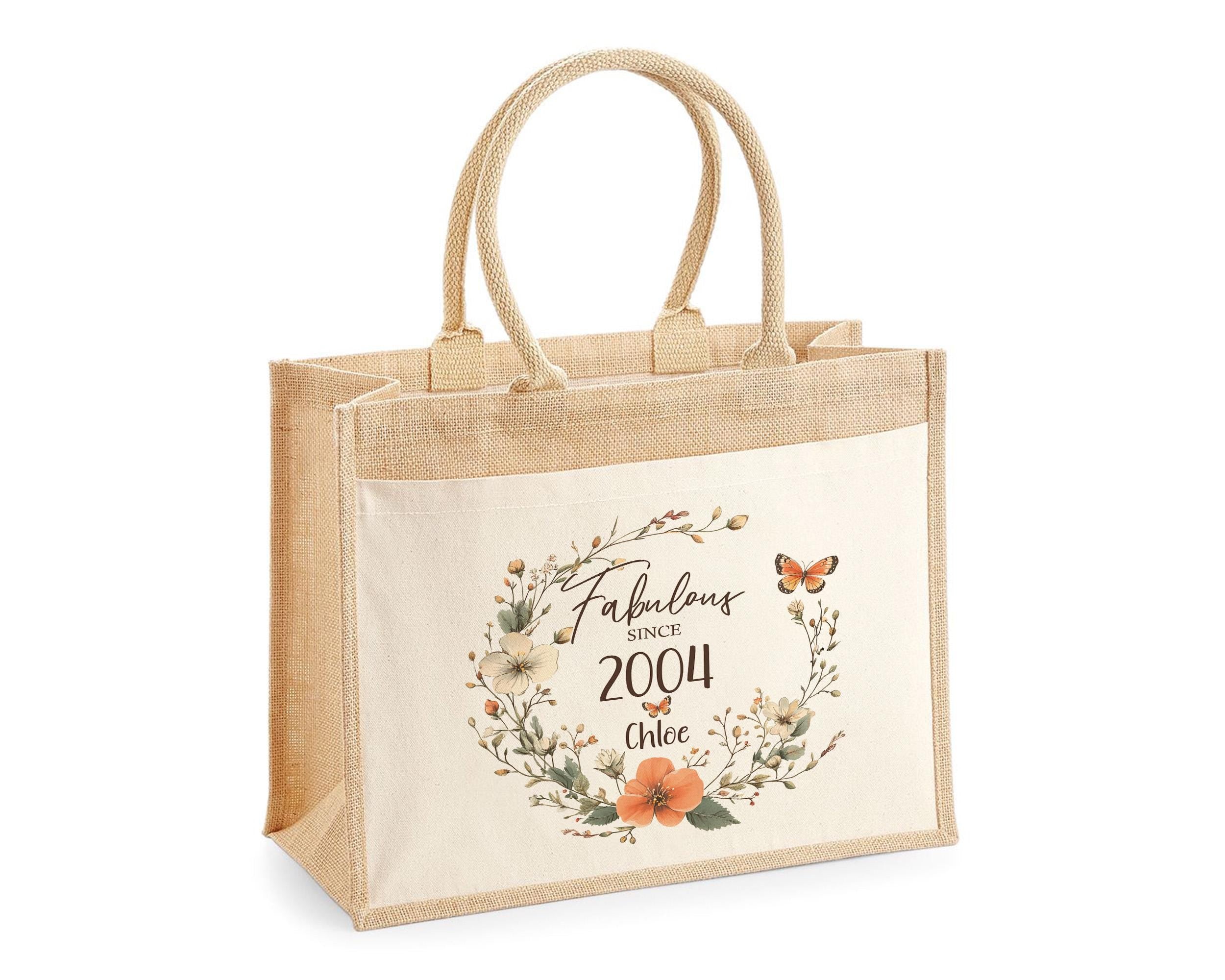 21st Birthday Gift For Women Personalised Jute Bag - Gift For Her Floral Tote Bag - Twenty One 21 Fabulous Since 2004 Shopping Bag BNL21T