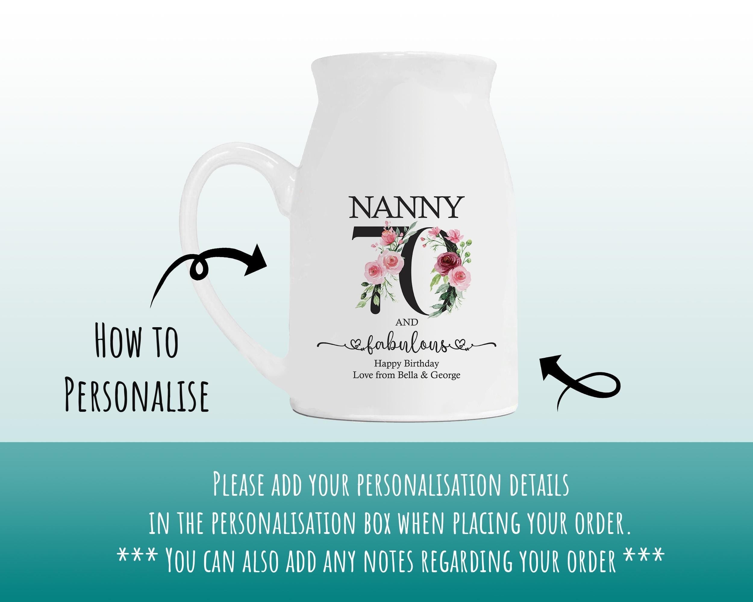 70th Birthday Gift for Women - 70 and Fabulous Small Personalised Flower Pot Vase 1956 Gift for Her Ladies Floral Design Nan Gran BNK70