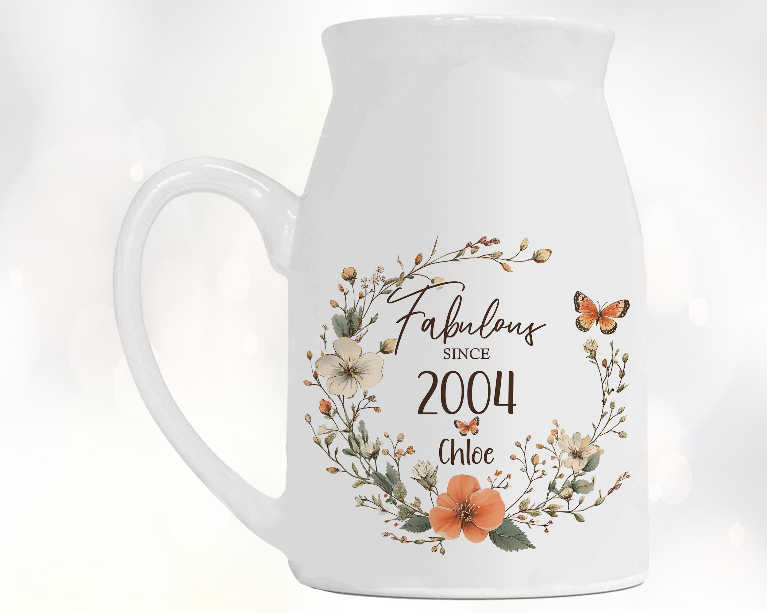 21st Birthday Gift for Her - Fabulous Since 2004 Small Personalised Flower Pot Vase 21 Gift for Women Floral Design Daughter Sister BNL21
