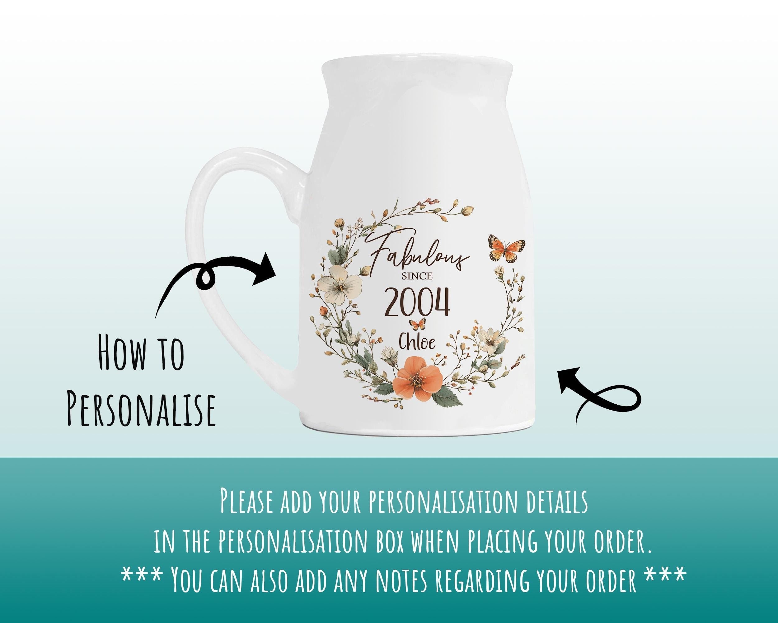 21st Birthday Gift for Her - Fabulous Since 2004 Small Personalised Flower Pot Vase 21 Gift for Women Floral Design Daughter Sister BNL21