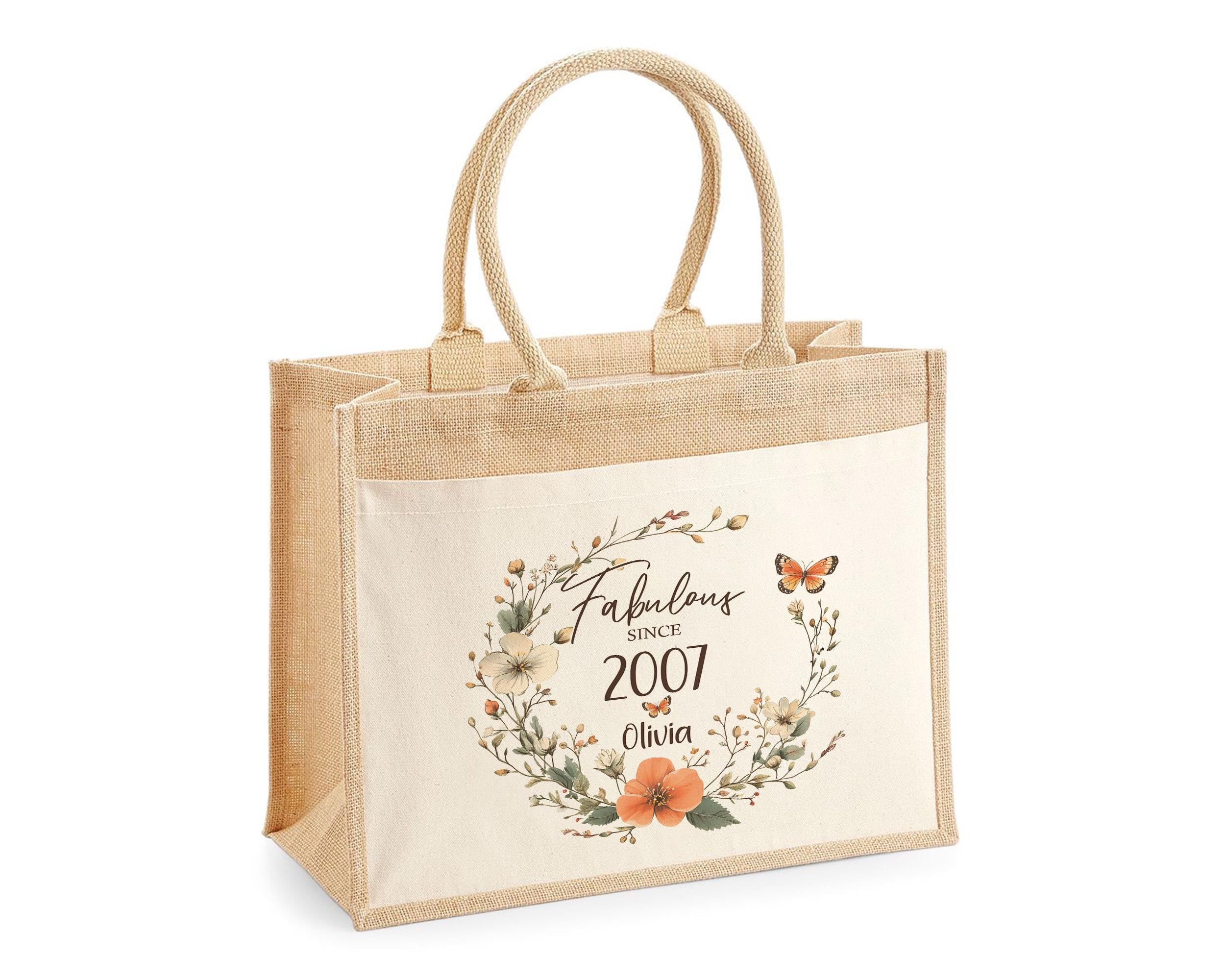 18th Birthday Gift For Her Personalised Jute Bag - Gift For Women Floral Tote Bag Gift - Eighteen 18 Fabulous Since 2007 Shopping Bag BNL18T