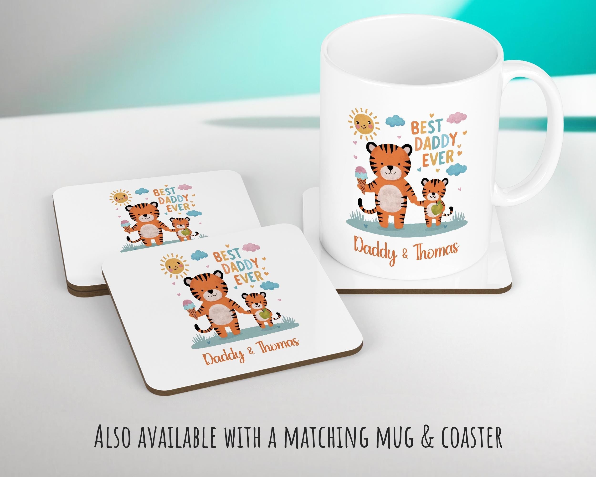 Fathers Day Gift from Son Daughter - Personalised Tiger Design Scatter Cushion Matching Daddy Mug Coaster Gift Bundle Gifts for Dad FD003