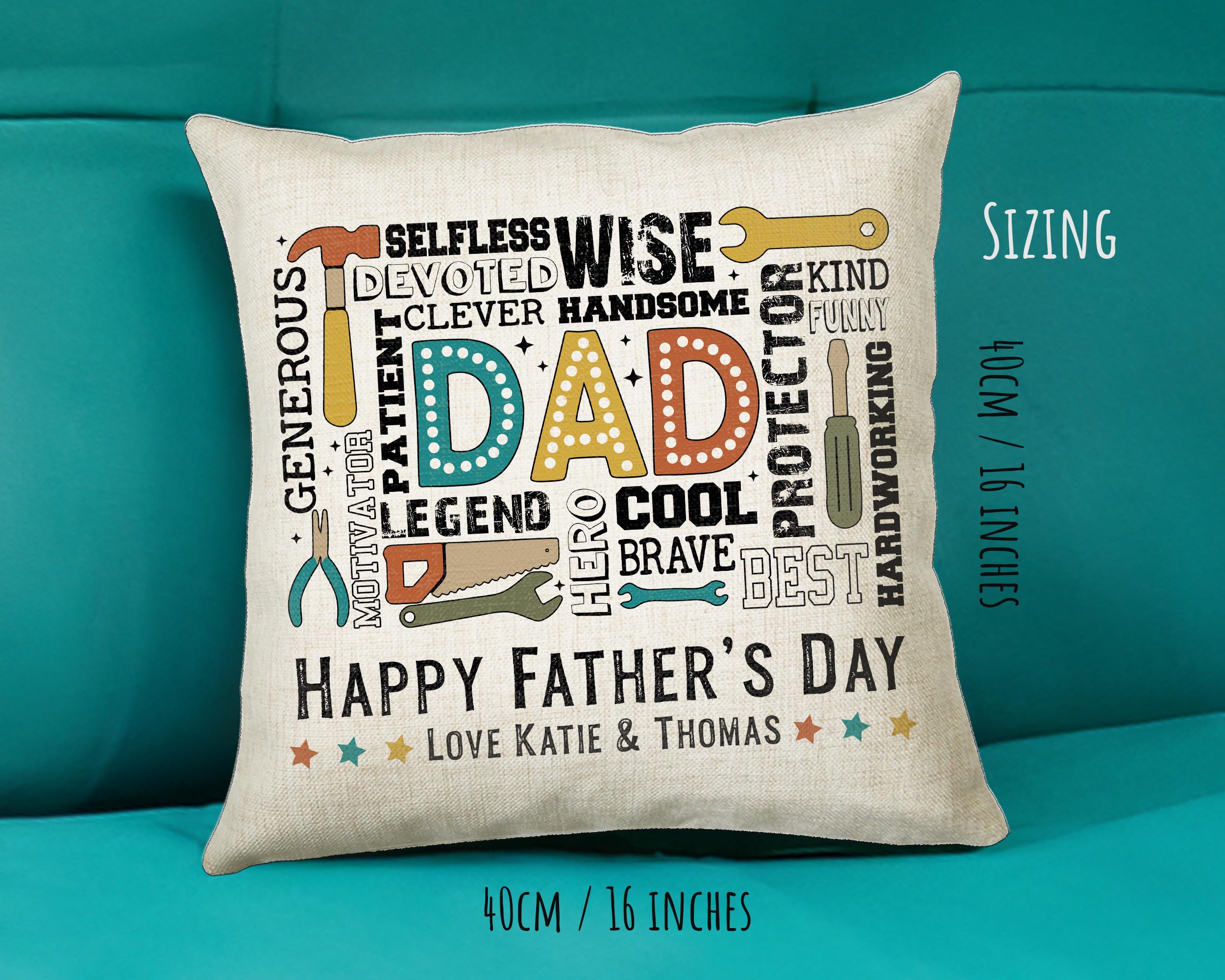Fathers Day Gift from Son Daughter - Personalised Dad Tools Design Scatter Cushion Matching Daddy Mug Coaster Gift Bundle Gift for Dad FD013