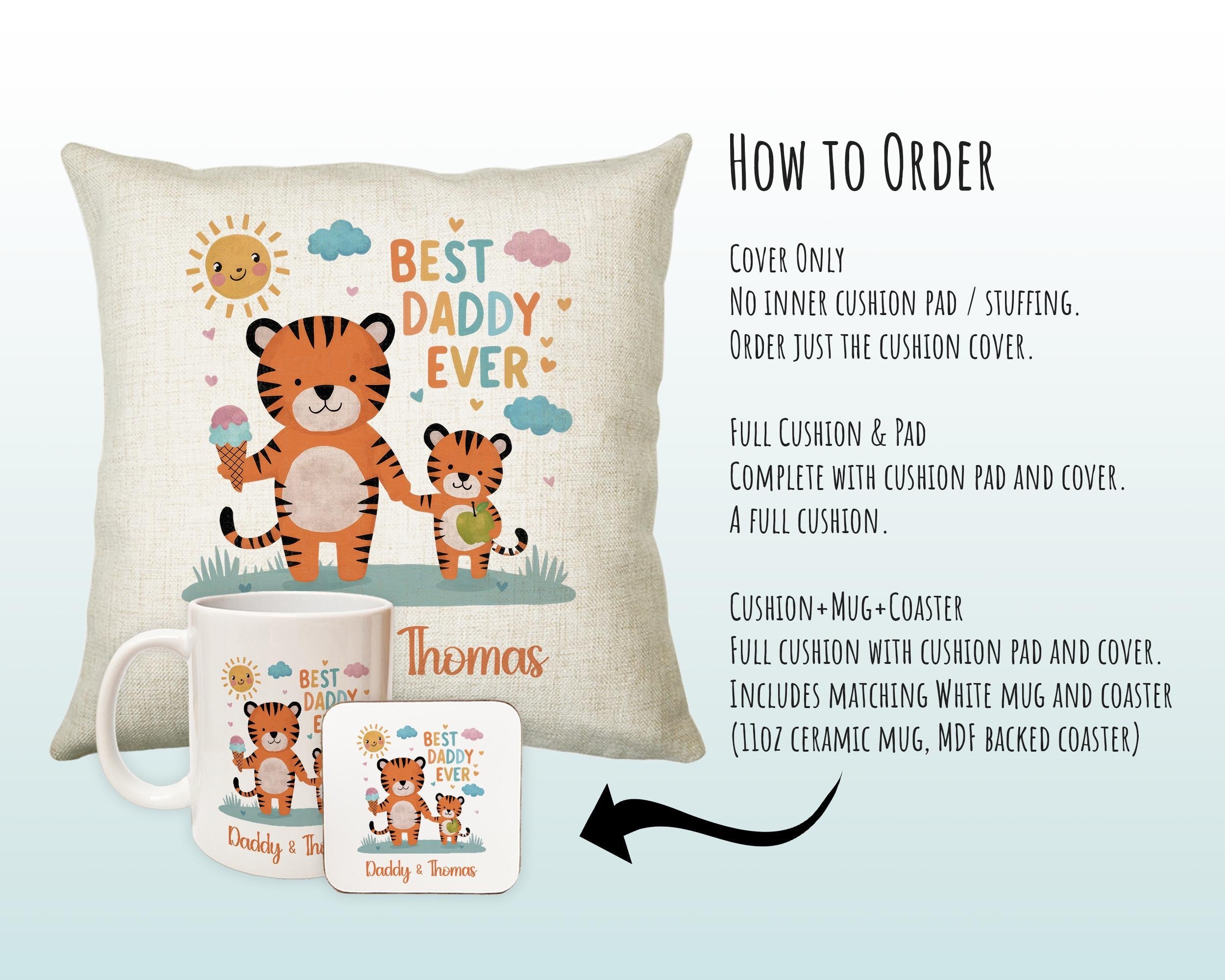 Fathers Day Gift from Son Daughter - Personalised Tiger Design Scatter Cushion Matching Daddy Mug Coaster Gift Bundle Gifts for Dad FD003