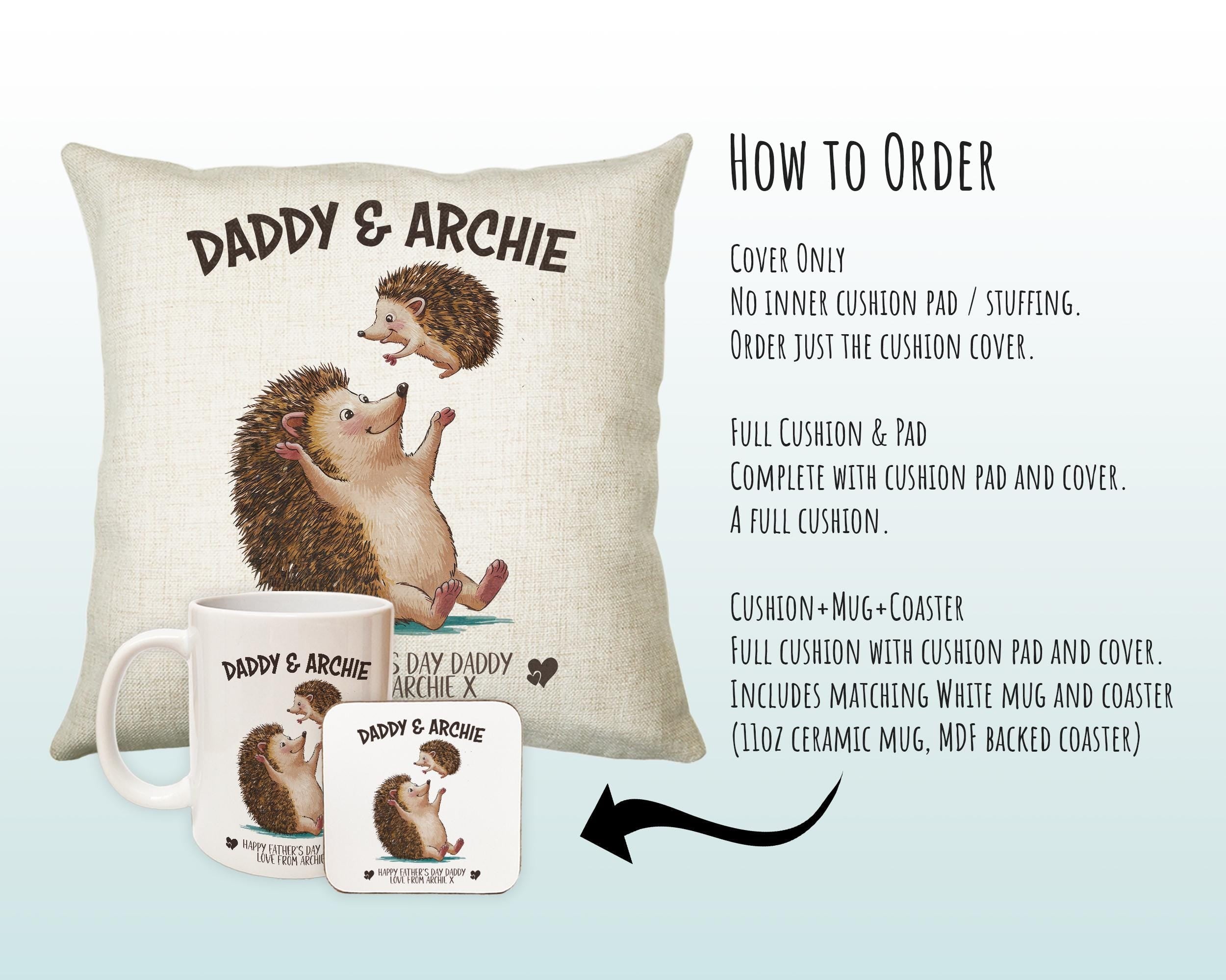 Fathers Day Gift from Son Daughter - Personalised Hedgehog Design Scatter Cushion Matching Daddy Mug Coaster Gift Bundle Gifts for Dad FD008