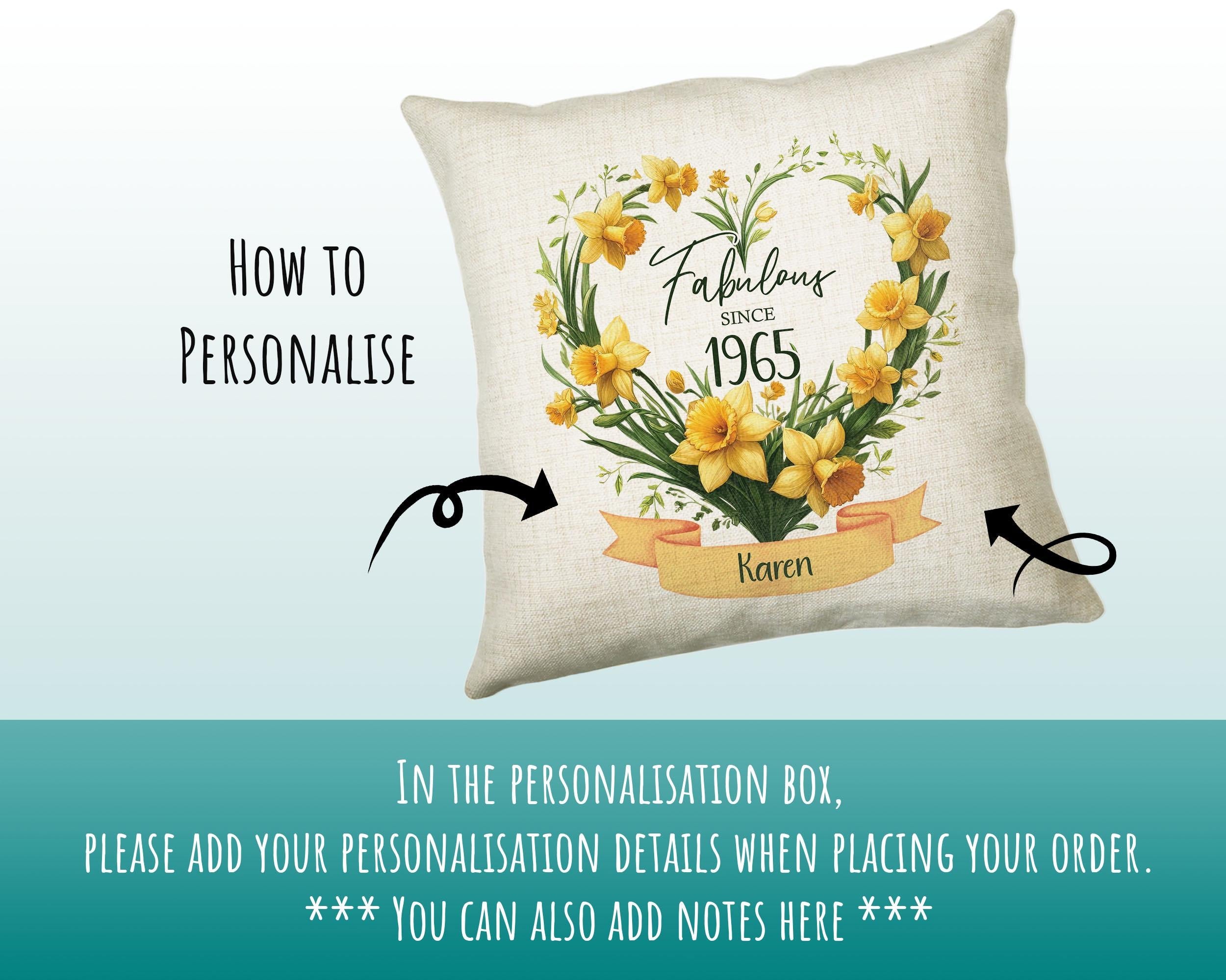 60th Birthday Gift for Women - Personalised 1965 Birthday Cushion Age 60 Gift for Her Floral Daffodil Age Design Mum Nan Gran Sixty BNS60C