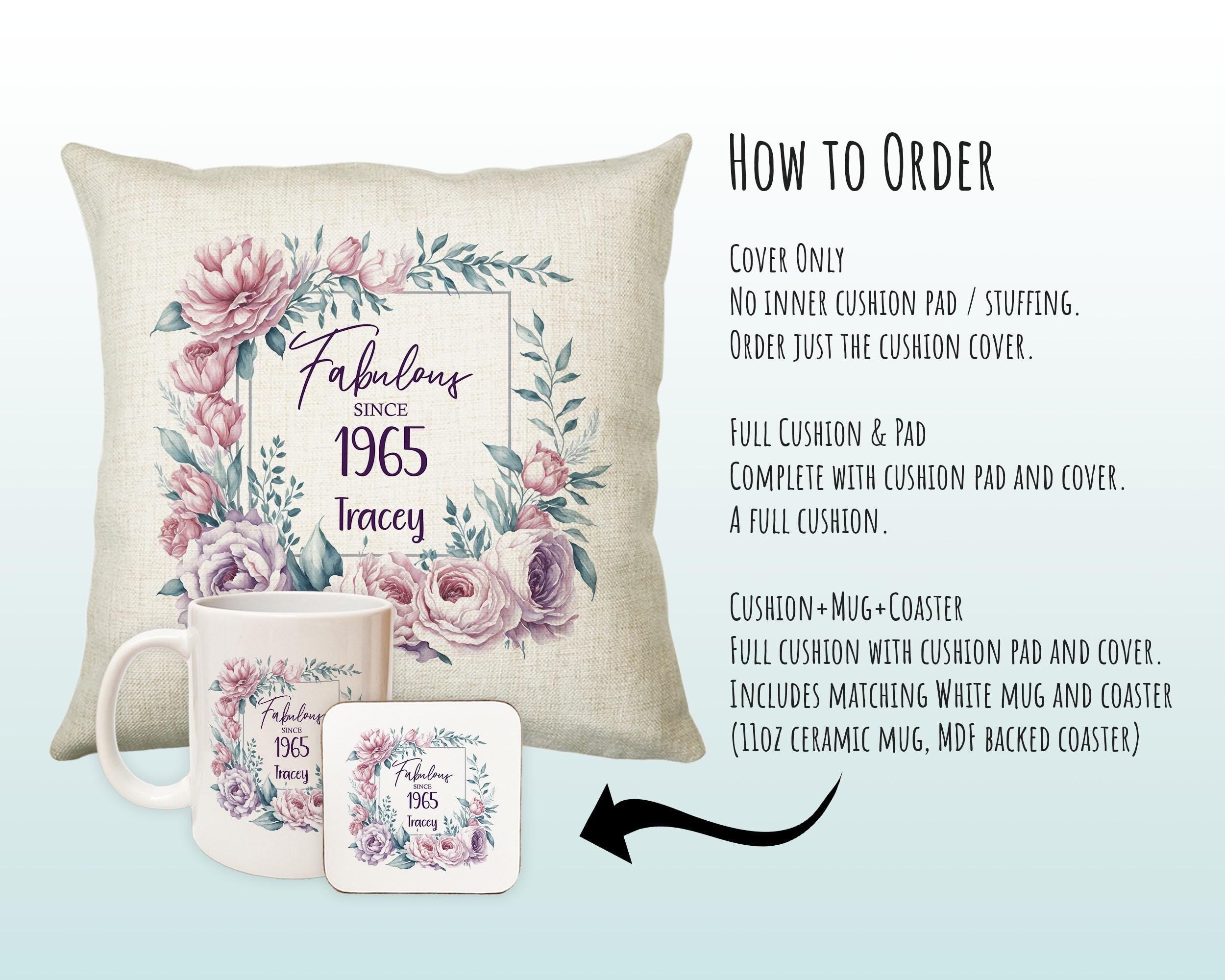 60th Birthday Gift for Women - Personalised 1965 Birthday Cushion Age 60 Gift for Her - Ladies Floral Age Design Mum Nan Gran Sixty BNR60C